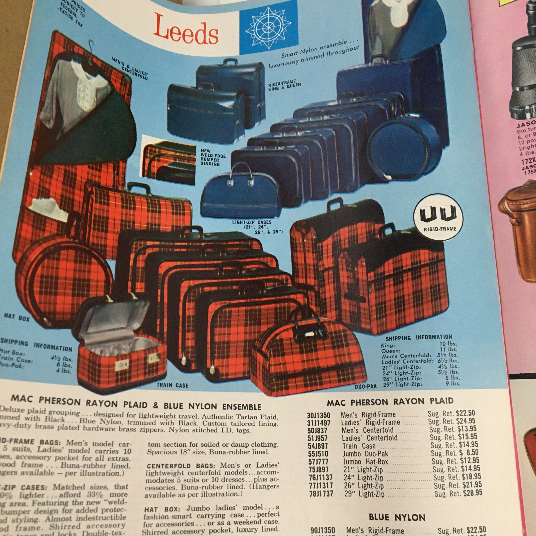 1962 Best Products Company Inc. Gifts For Every Occasion - Vintage catalog page featuring plaid luggage and travel bags from Leeds, highlighting Mac Pherson rayon plaid and blue nylon ensemble.