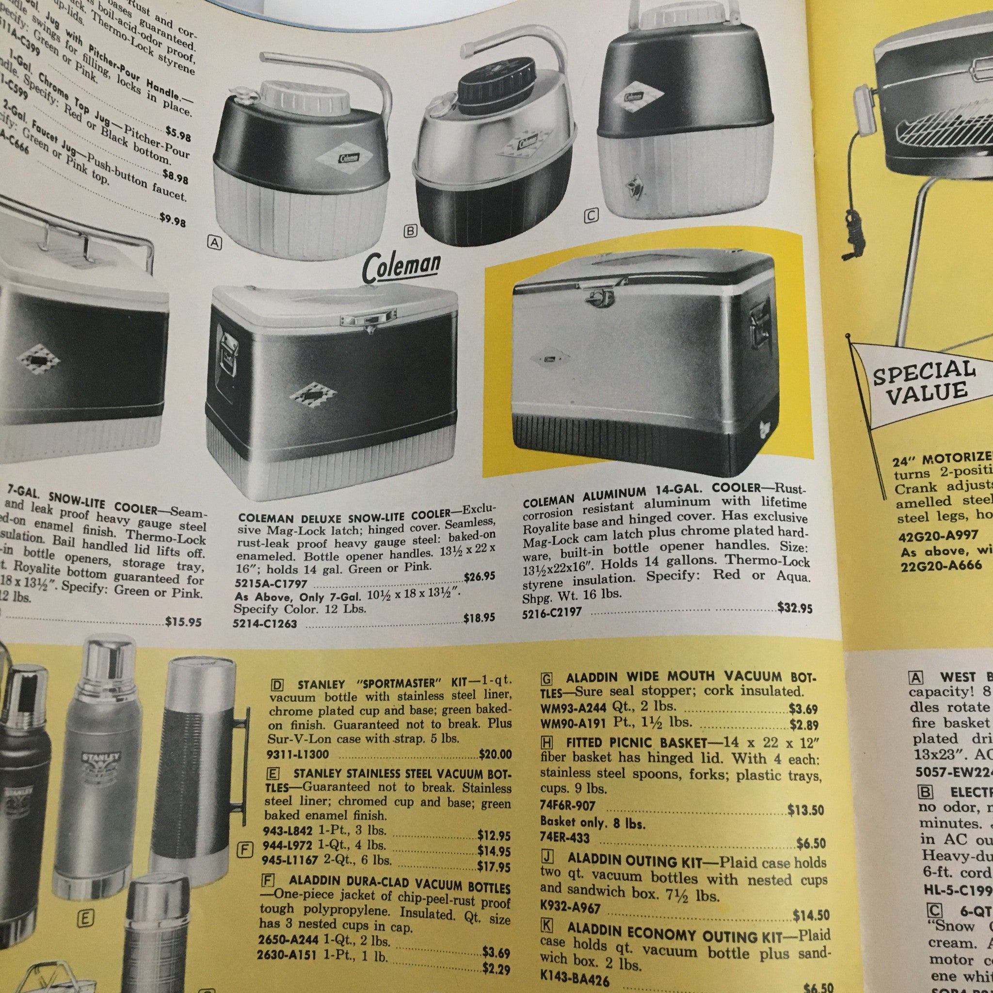 1962 Best Products Company Inc. Gifts For Every Occasion - Vintage catalog page showcasing Coleman coolers, including the 7-gal Snow-Lite cooler and 14-gal aluminum cooler.