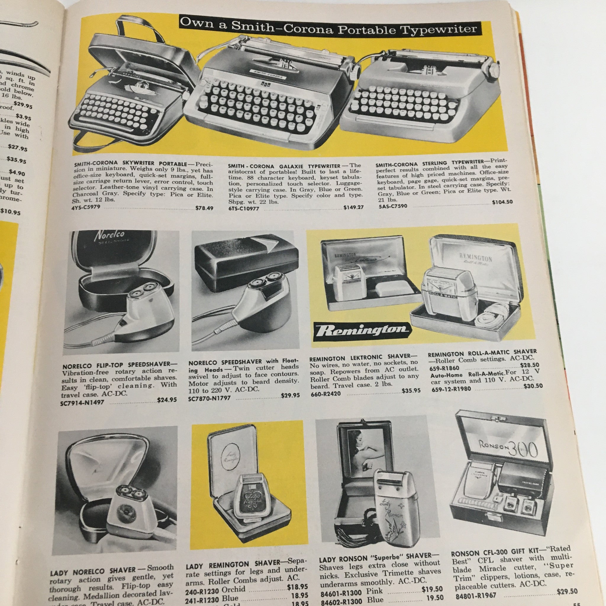 1962 Best Products Company Inc. Gifts For Every Occasion - Vintage catalog page displaying Smith-Corona typewriters, Norleco personal shavers, and Remington grooming products.