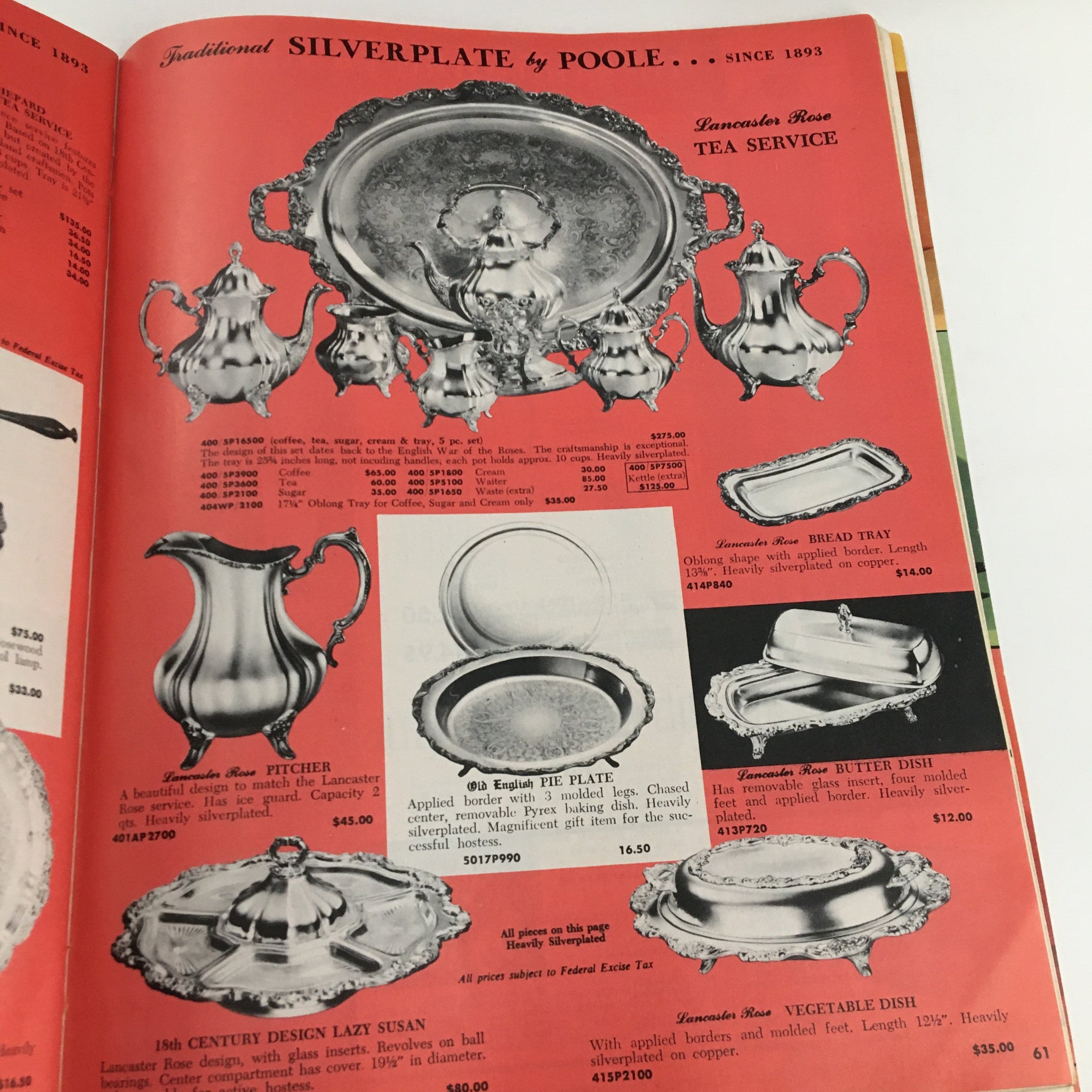 1962 Best Products Company Inc. Gifts For Every Occasion - Vintage catalog page featuring silverplate tea service by Poole, including various items like coffee pots and serving trays.
