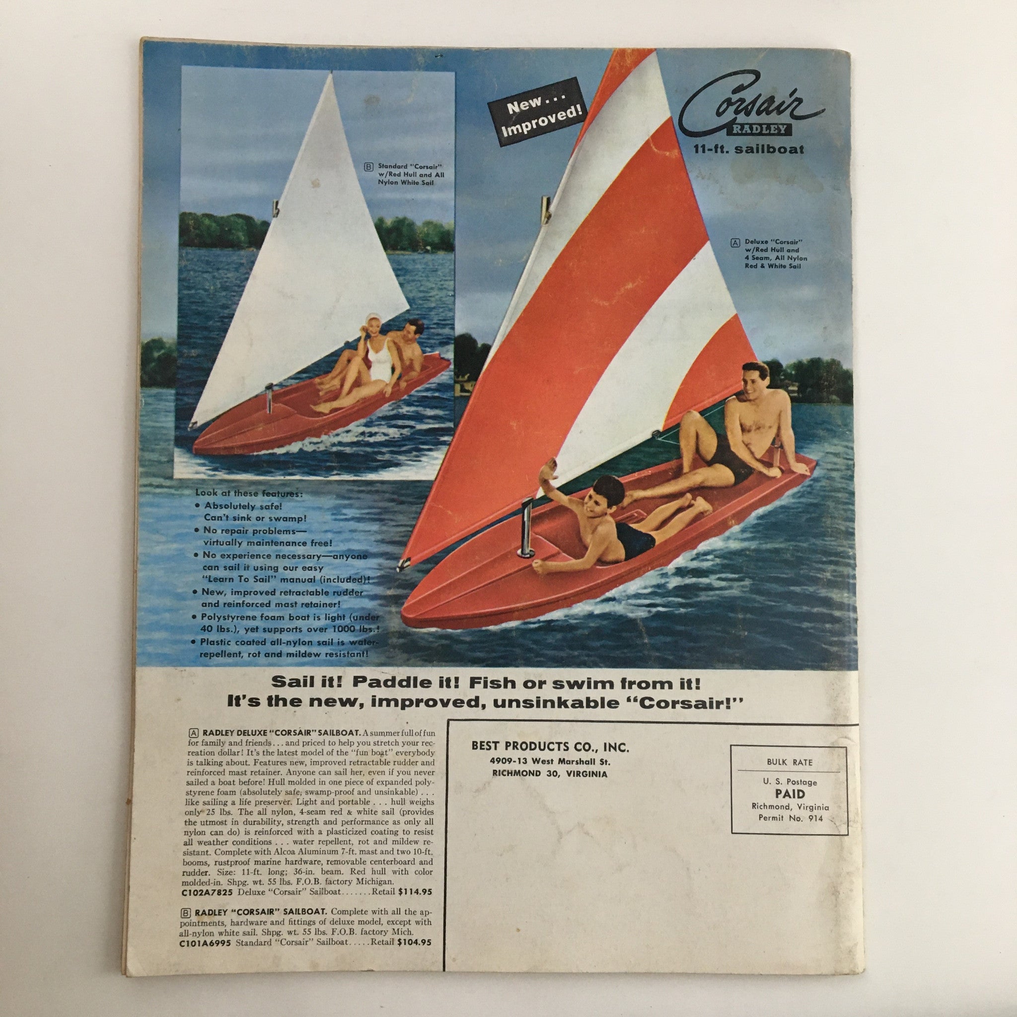 1962 Best Products Company Inc. Gifts For Every Occasion - Vintage catalog page highlighting the Corsair 11-ft sailboat, showcasing its features and design.