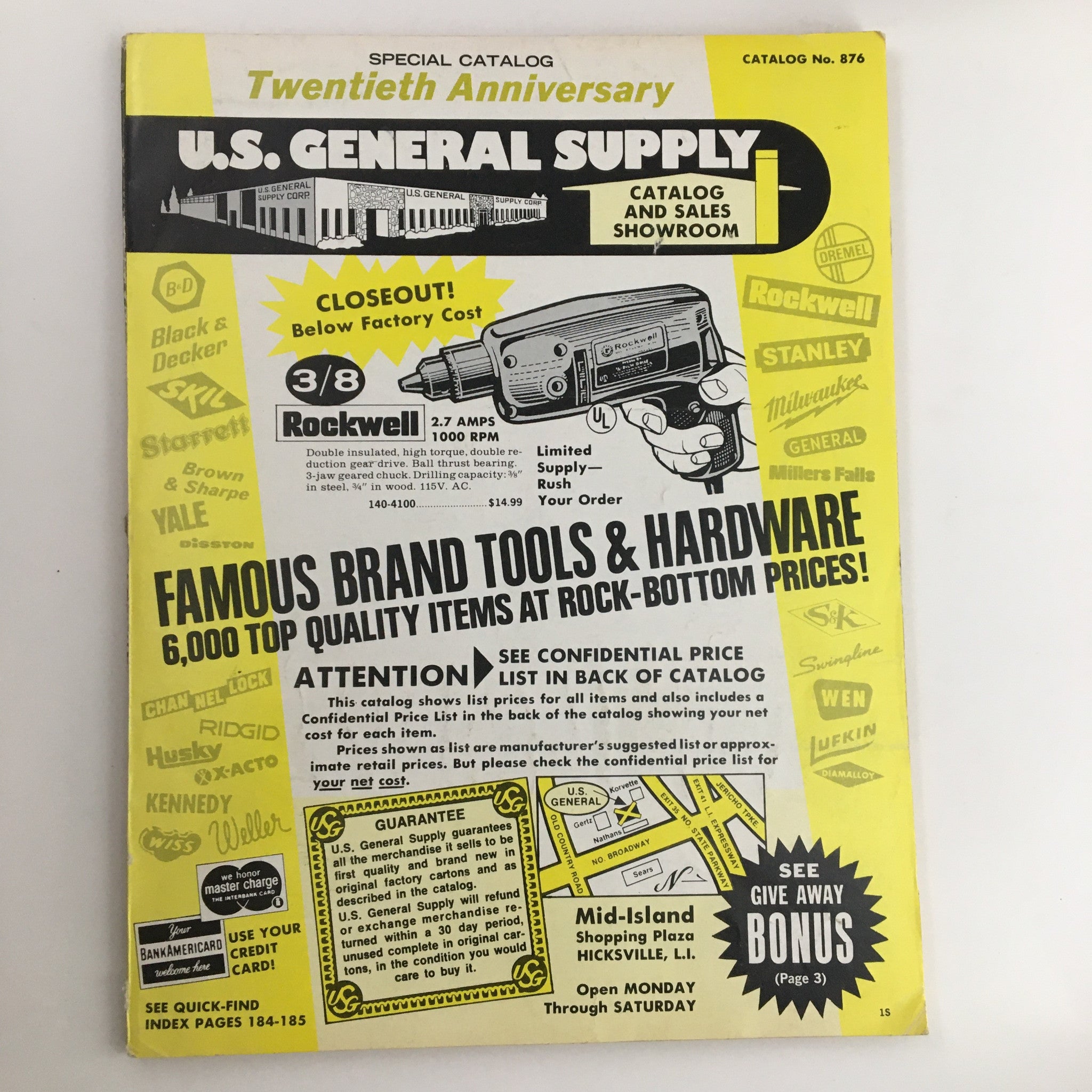 Cover of U.S. General Supply Famous Brand Tools & Hardware Catalog No. 876 showcasing a closeout sale with various tools highlighted.