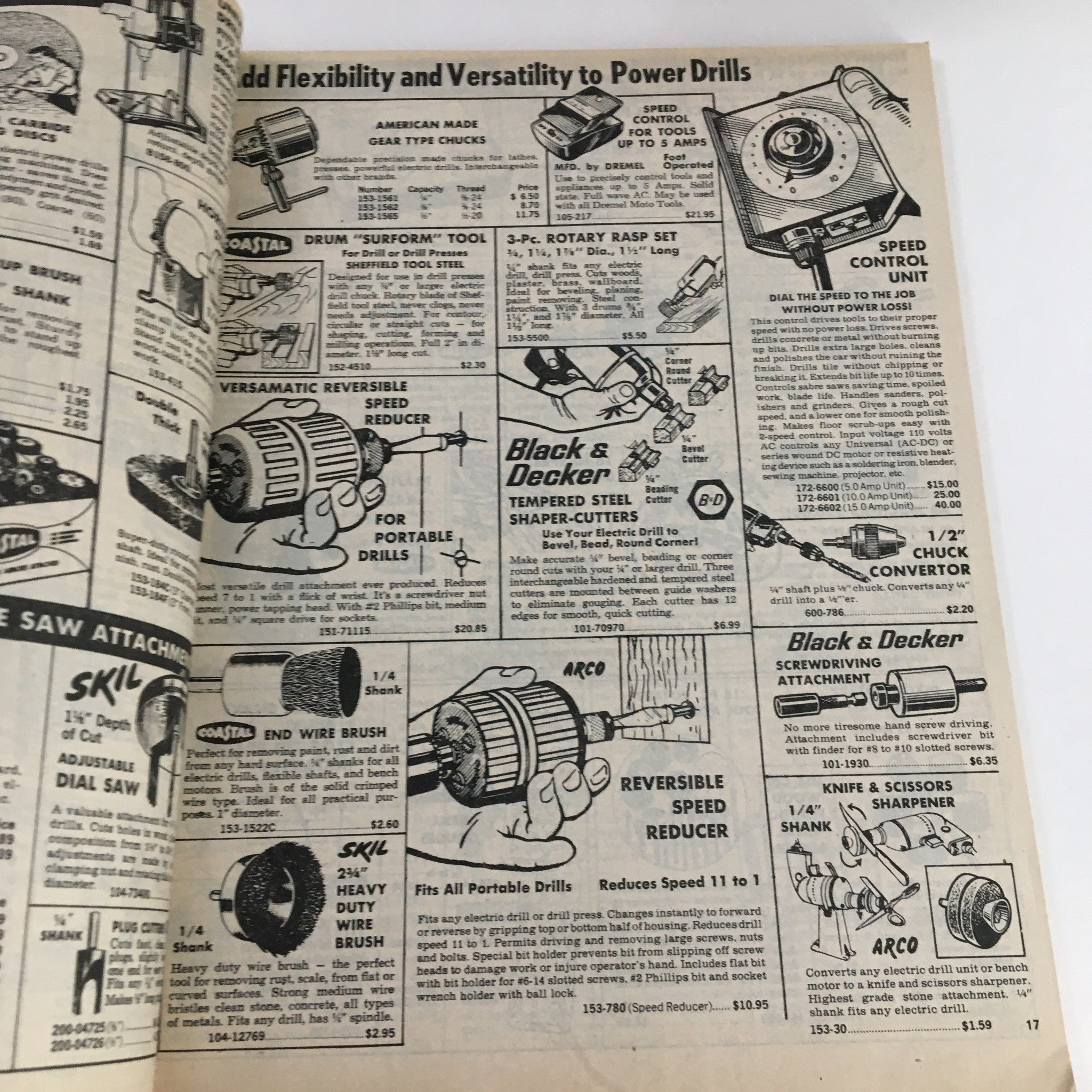 Interior page of U.S. General Supply Famous Brand Tools & Hardware Catalog No. 876 featuring power drill accessories and detailed product descriptions.