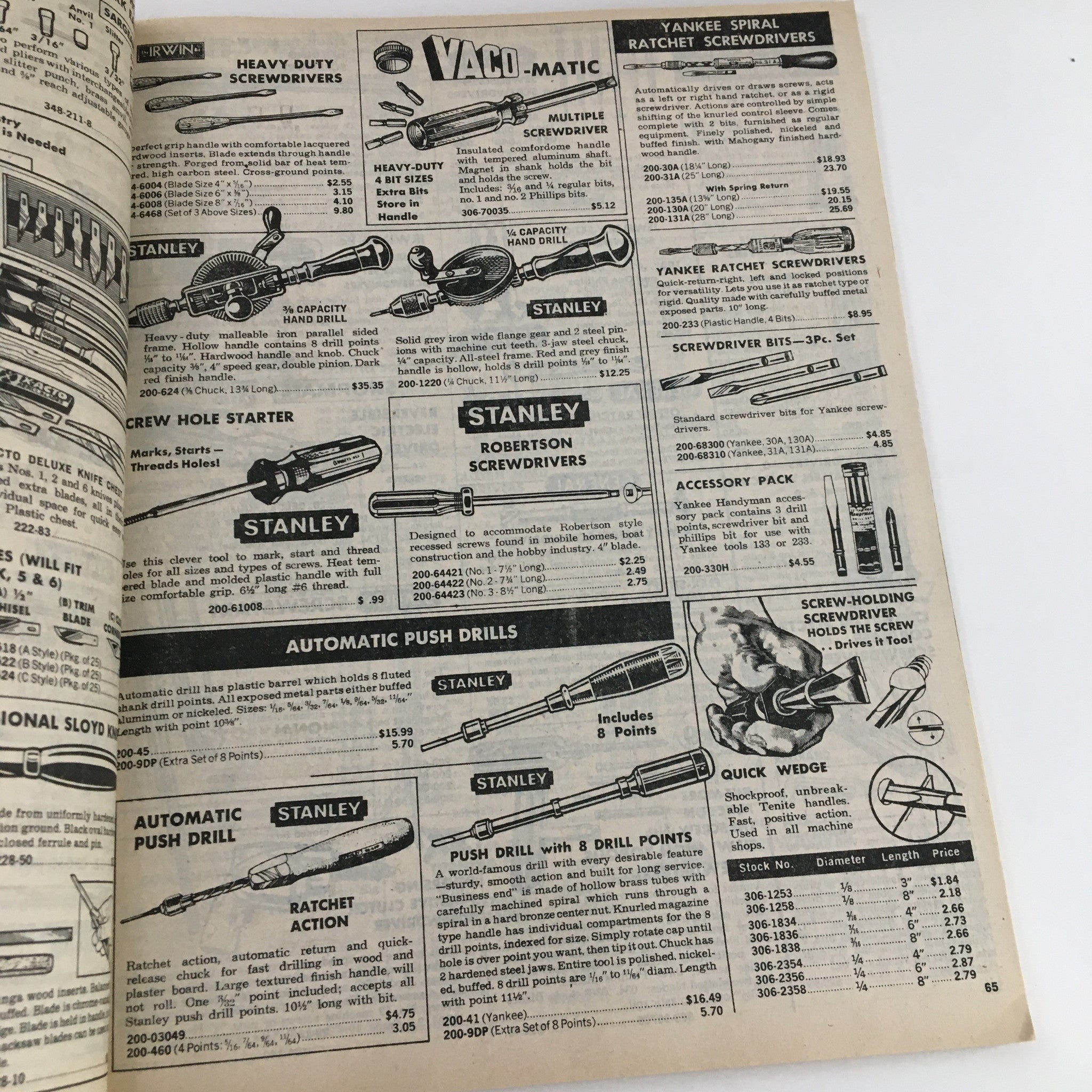 Interior page of U.S. General Supply Famous Brand Tools & Hardware Catalog No. 876 displaying a variety of screwdrivers and related tools with pricing.