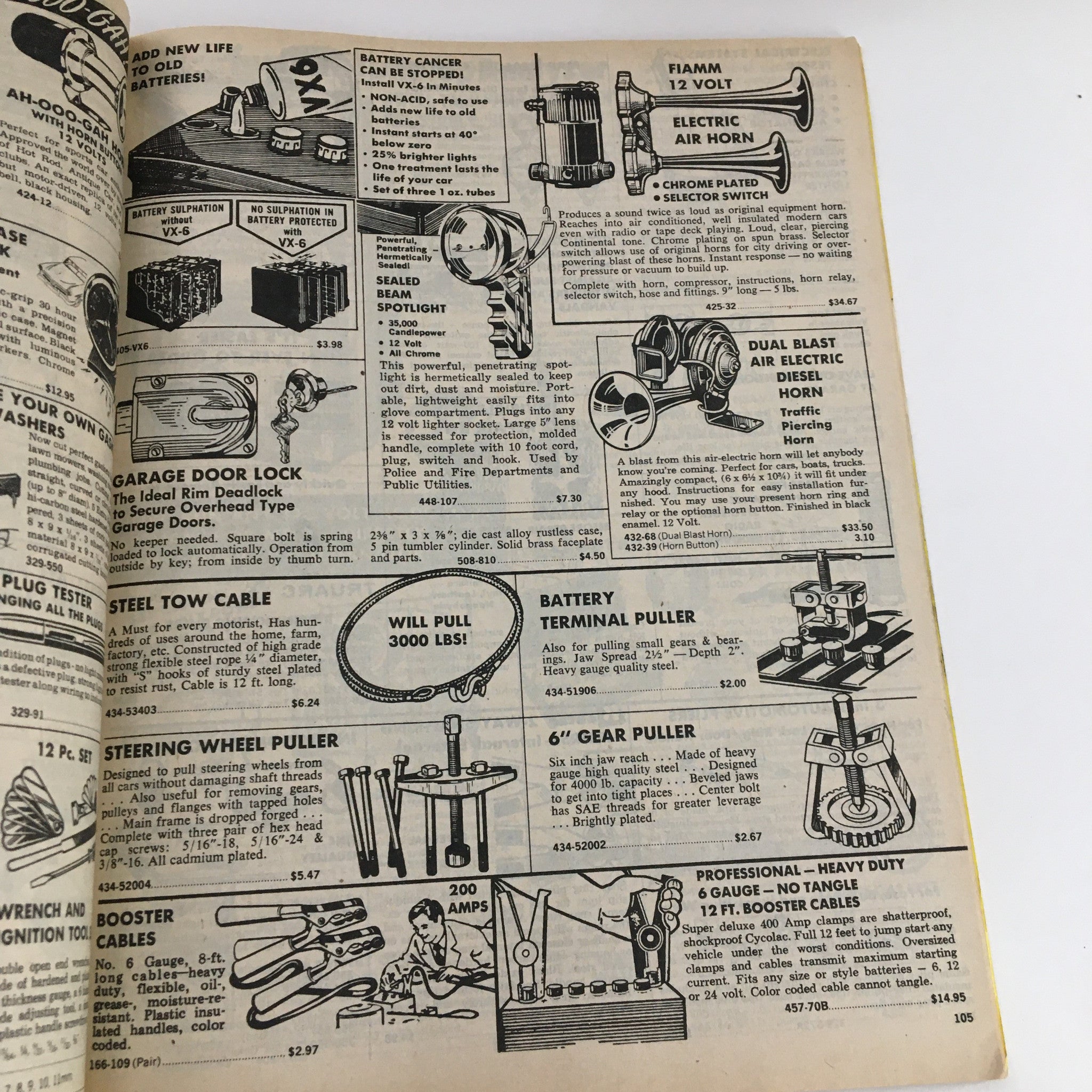Interior page of U.S. General Supply Famous Brand Tools & Hardware Catalog No. 876 illustrating various automotive tools and accessories for sale.