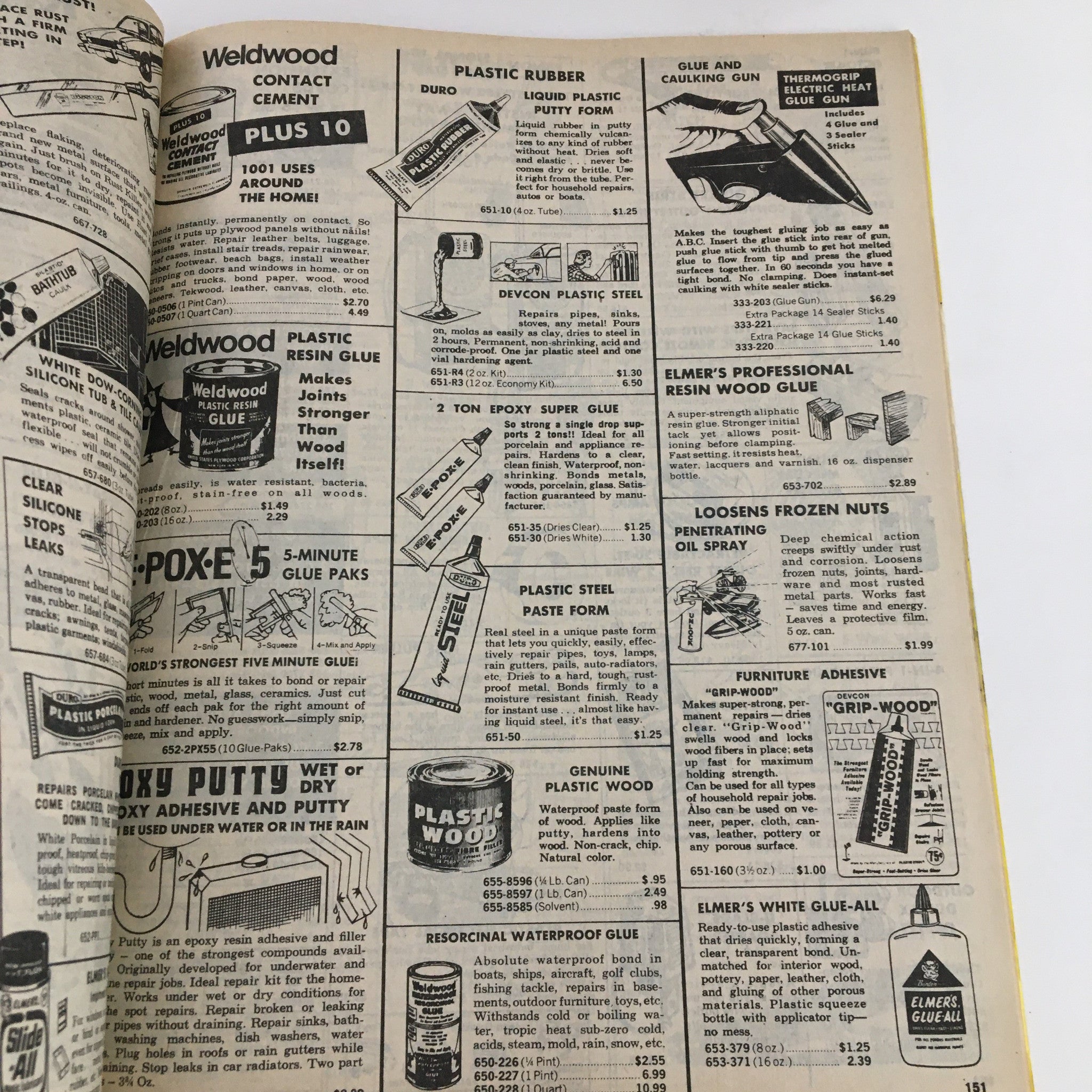 Interior page of U.S. General Supply Famous Brand Tools & Hardware Catalog No. 876 detailing adhesives and glues with product specifications.