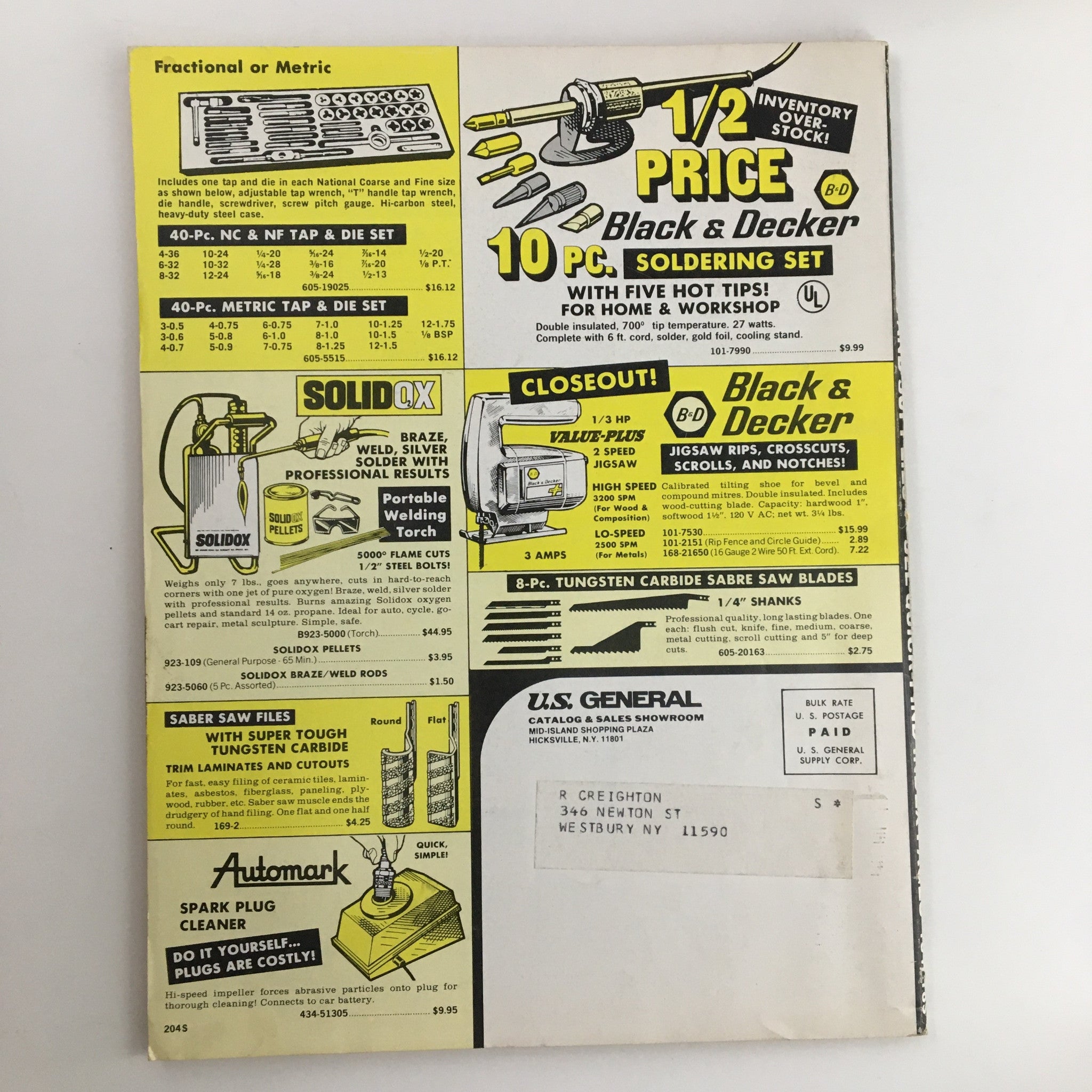 Back cover of U.S. General Supply Famous Brand Tools & Hardware Catalog No. 876 featuring a Black & Decker soldering set advertisement and contact information.