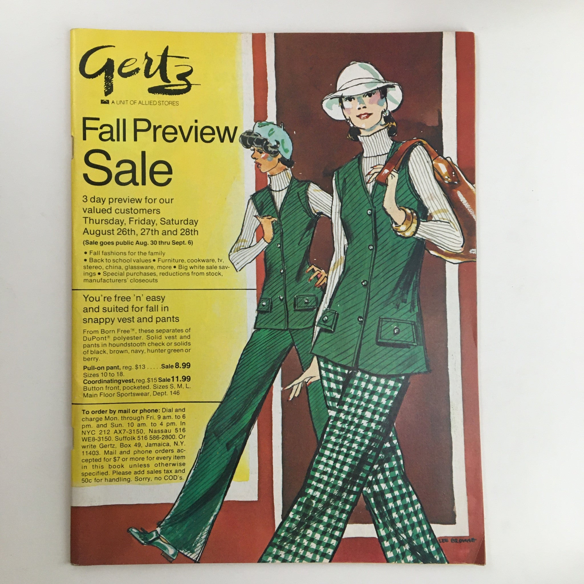 1970 Gertz A Unit of Allied Stores Fall Preview Sale Catalog cover showcasing fashionable outfits, featuring models in stylish green vests and hats on a colorful background.