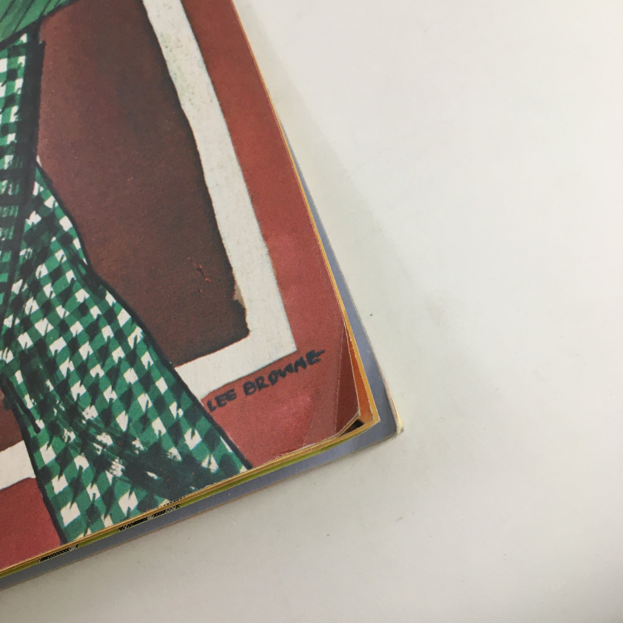 1970 Gertz A Unit of Allied Stores Fall Preview Sale Catalog edge detail featuring the artist's signature 'Lee Browne' and showcasing the vibrant colorful design.