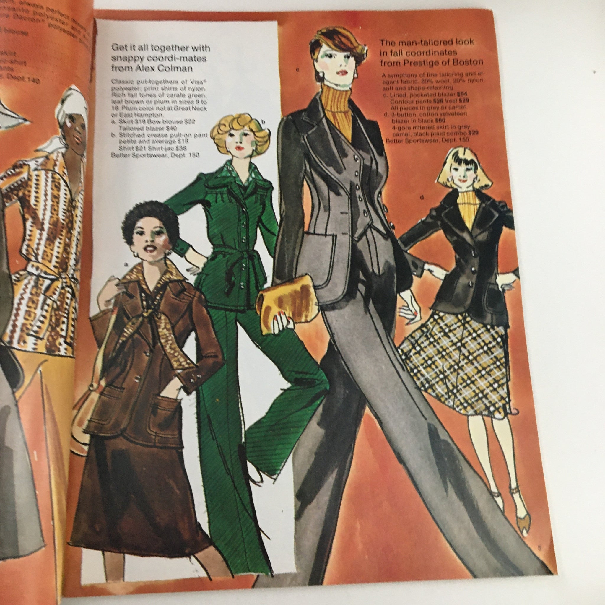 1970 Gertz A Unit of Allied Stores Fall Preview Sale Catalog interior page displaying models in coordinating fall outfits, highlighting tailored styles and accessories.