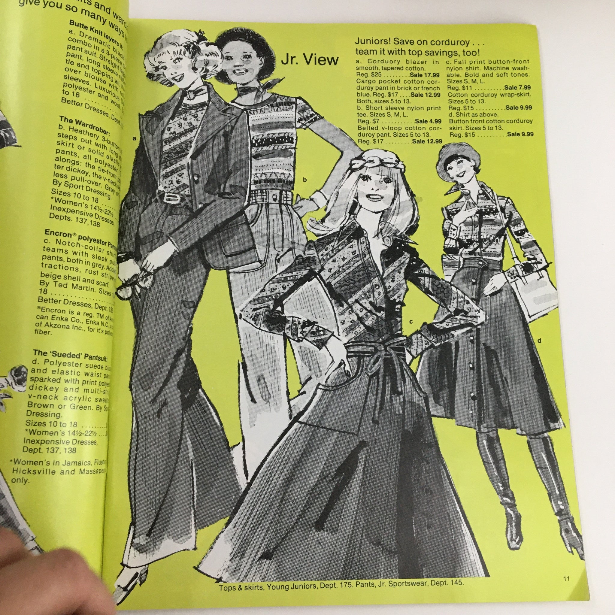 1970 Gertz A Unit of Allied Stores Fall Preview Sale Catalog interior page featuring junior clothing styles with models wearing fashionable outfits in a playful green background.