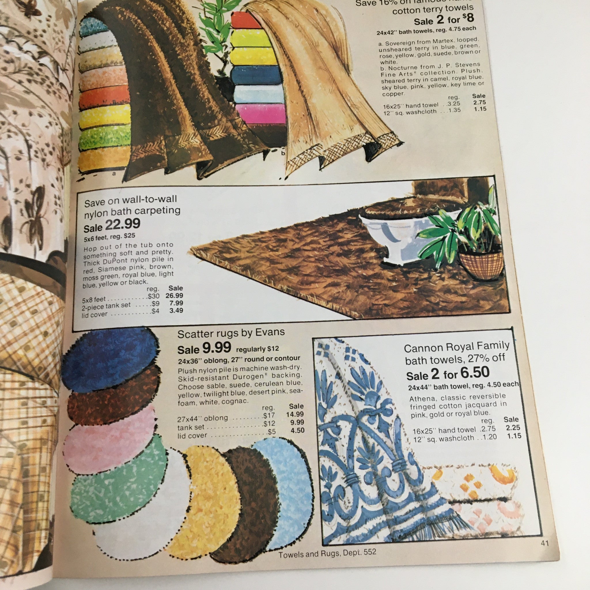1970 Gertz A Unit of Allied Stores Fall Preview Sale Catalog page featuring nylon bath carpeting, cotton terry towels, and scatter rugs by Evans with sale prices.
