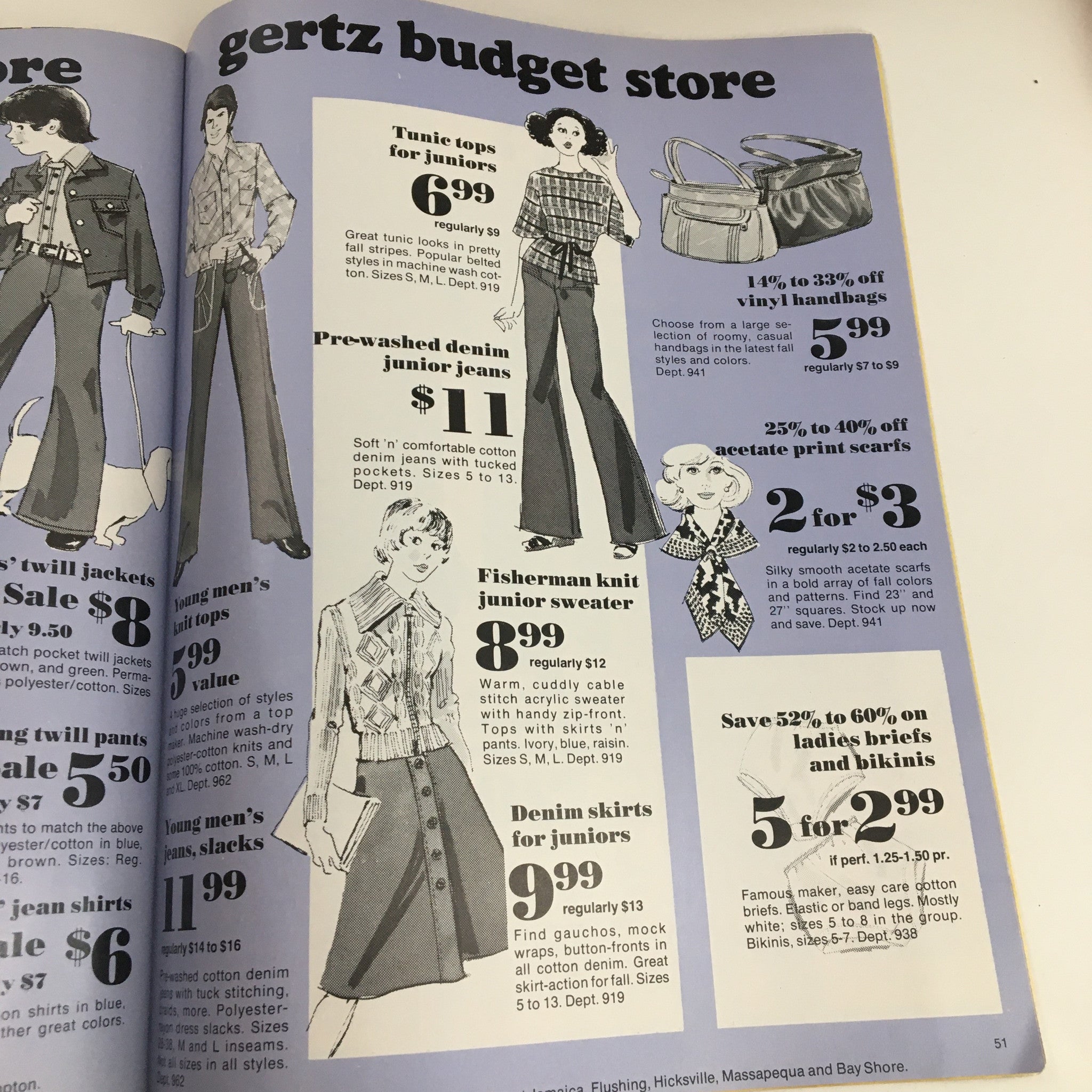 1970 Gertz A Unit of Allied Stores Fall Preview Sale Catalog page showcasing junior women's clothing including tunic tops, prewashed denim junior jeans, and various accessories on sale.