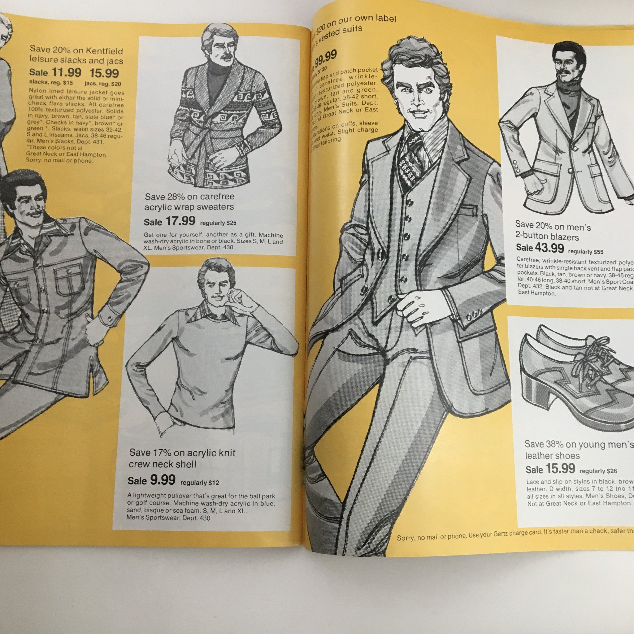 1970 Gertz A Unit of Allied Stores Fall Preview Sale Catalog page illustrating men's clothing options with special offers on leisurewear and accessories.