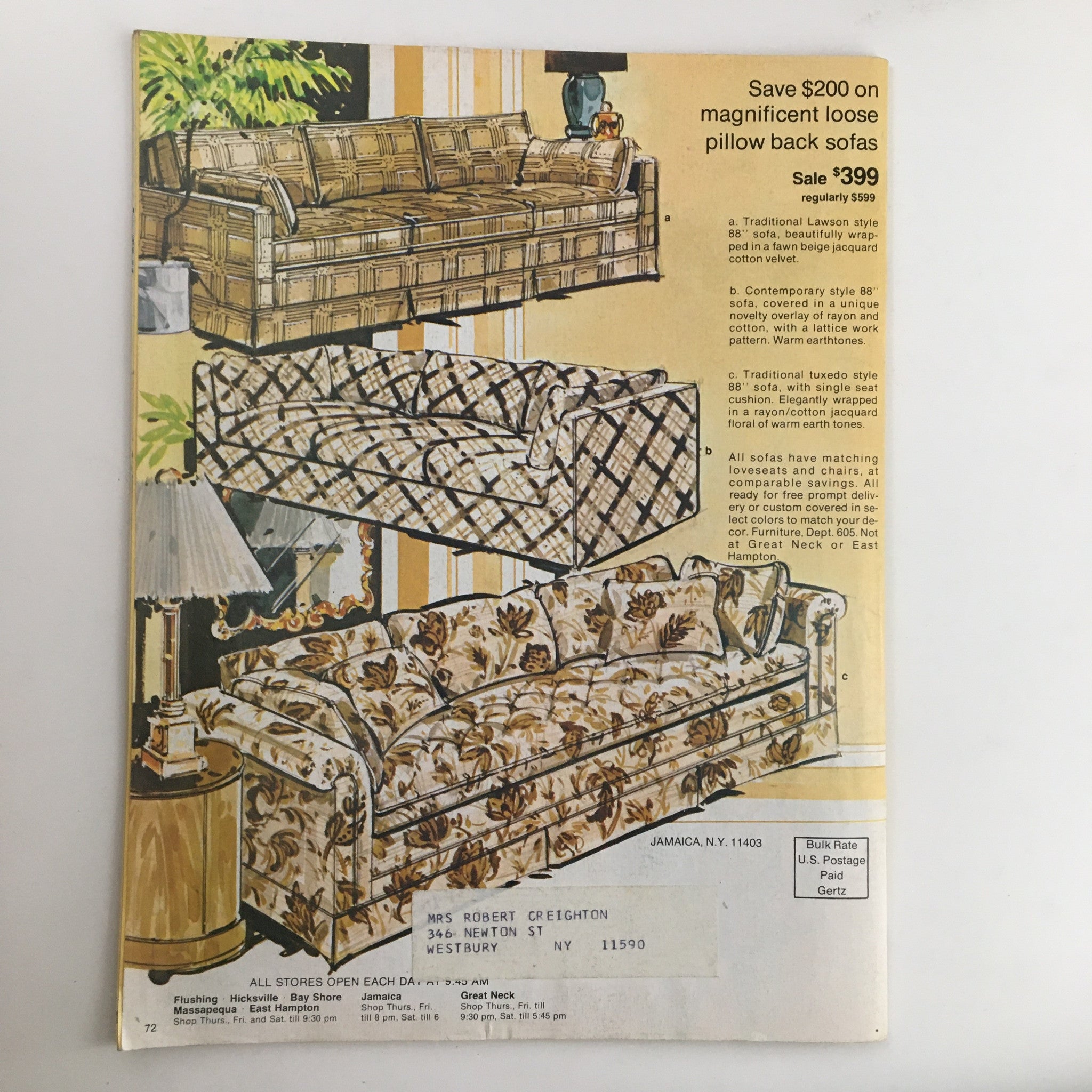 1970 Gertz A Unit of Allied Stores Fall Preview Sale Catalog page showing sofas with sales information, emphasizing savings on various styles.