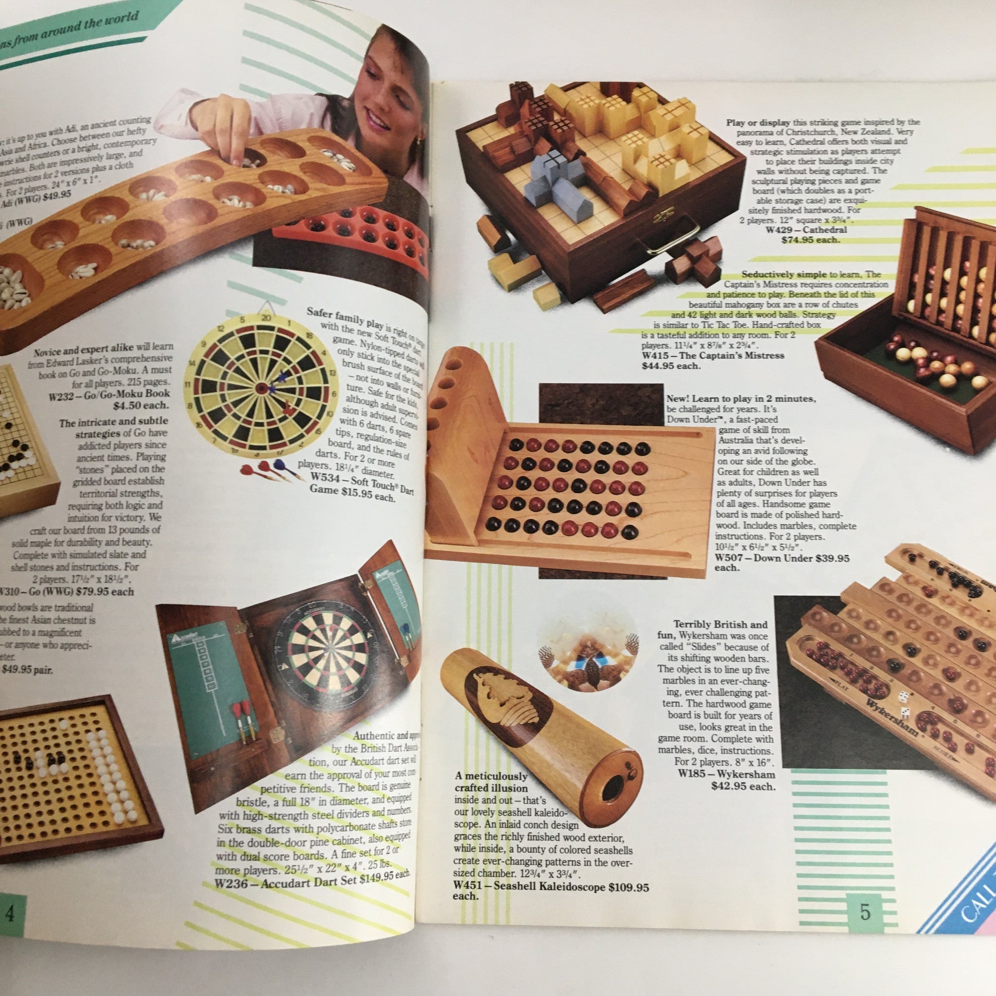 Interior pages of the 1988 World Wide Games Exceptional Handcrafted Games To Give Catalog showcasing various handcrafted game designs and prices.