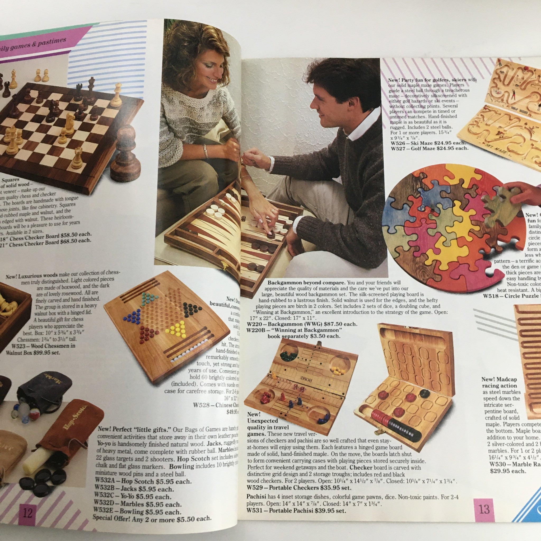 1988 World Wide Games Exceptional Handcrafted Games To Give Catalog featuring beautifully crafted chess and backgammon boards, showcasing a couple playing games.