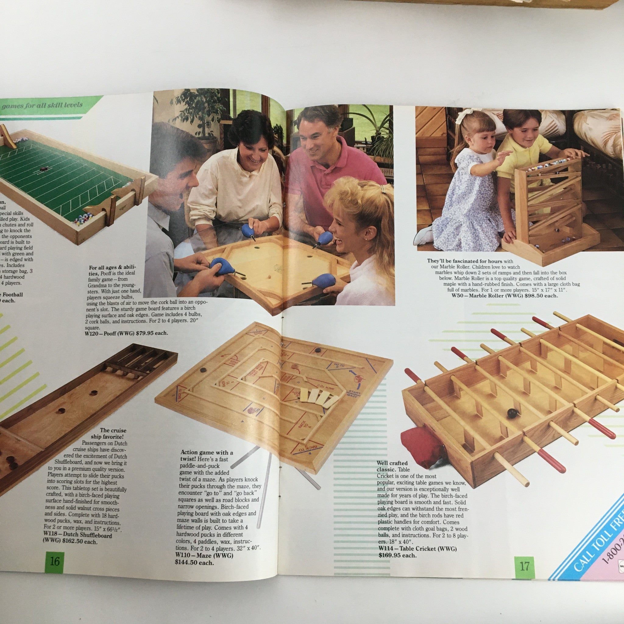 1988 World Wide Games Exceptional Handcrafted Games To Give Catalog displaying families enjoying various games, including a football tabletop game and a unique marble roller.