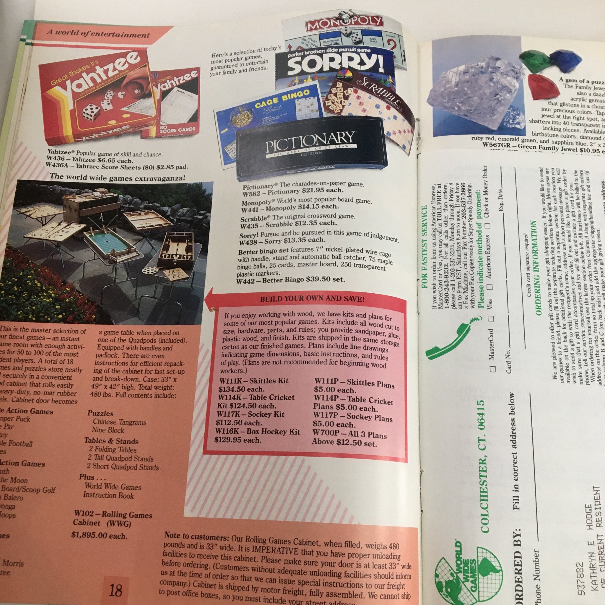 1988 World Wide Games Exceptional Handcrafted Games To Give Catalog highlight of a variety of board games, including Yahtzee and Pictionary, capturing moments of family fun.