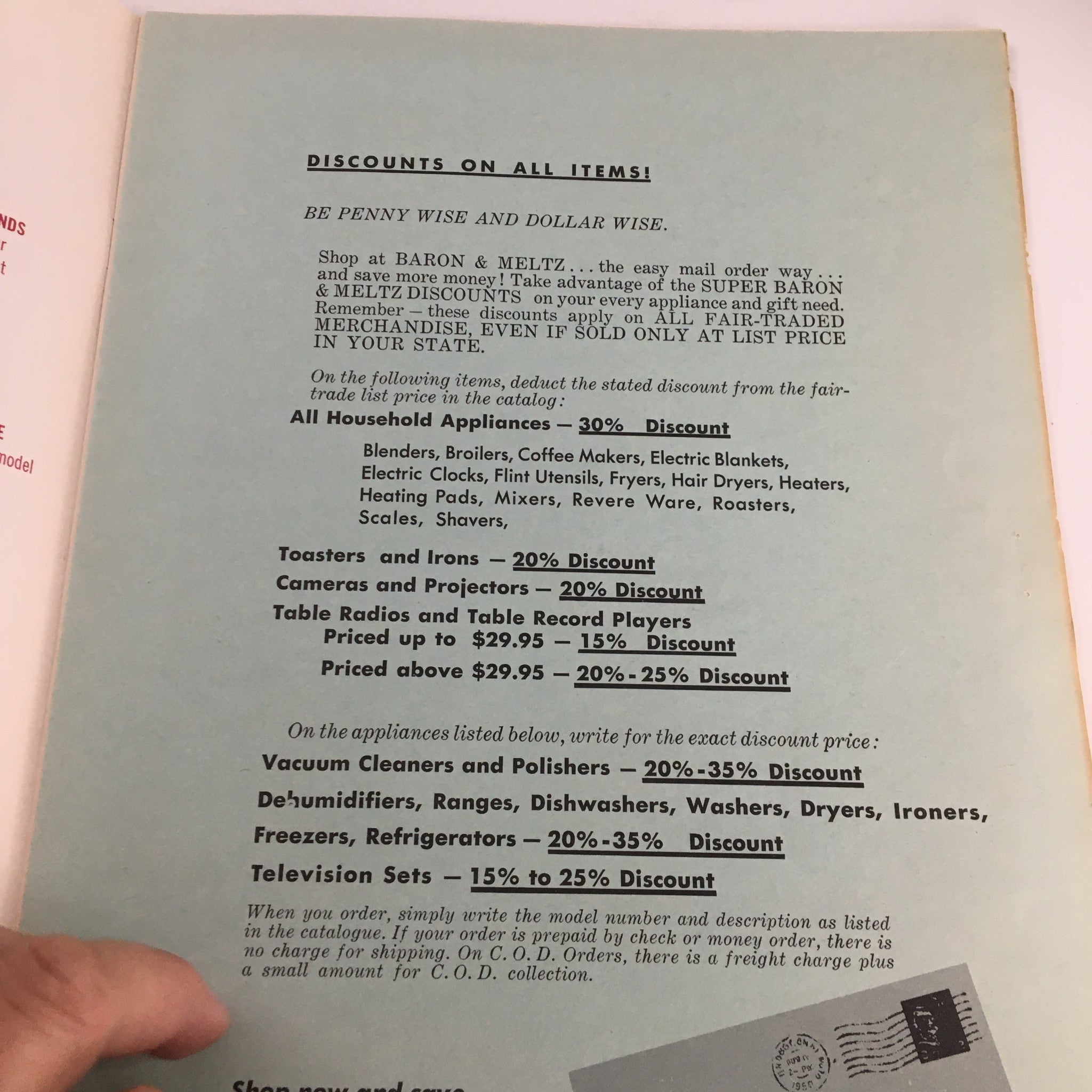 Interior page of the 1957 Baron & Meltz Mail Order Company Inc. Shopping Guide Catalog showcasing discounts on household appliances and other products.