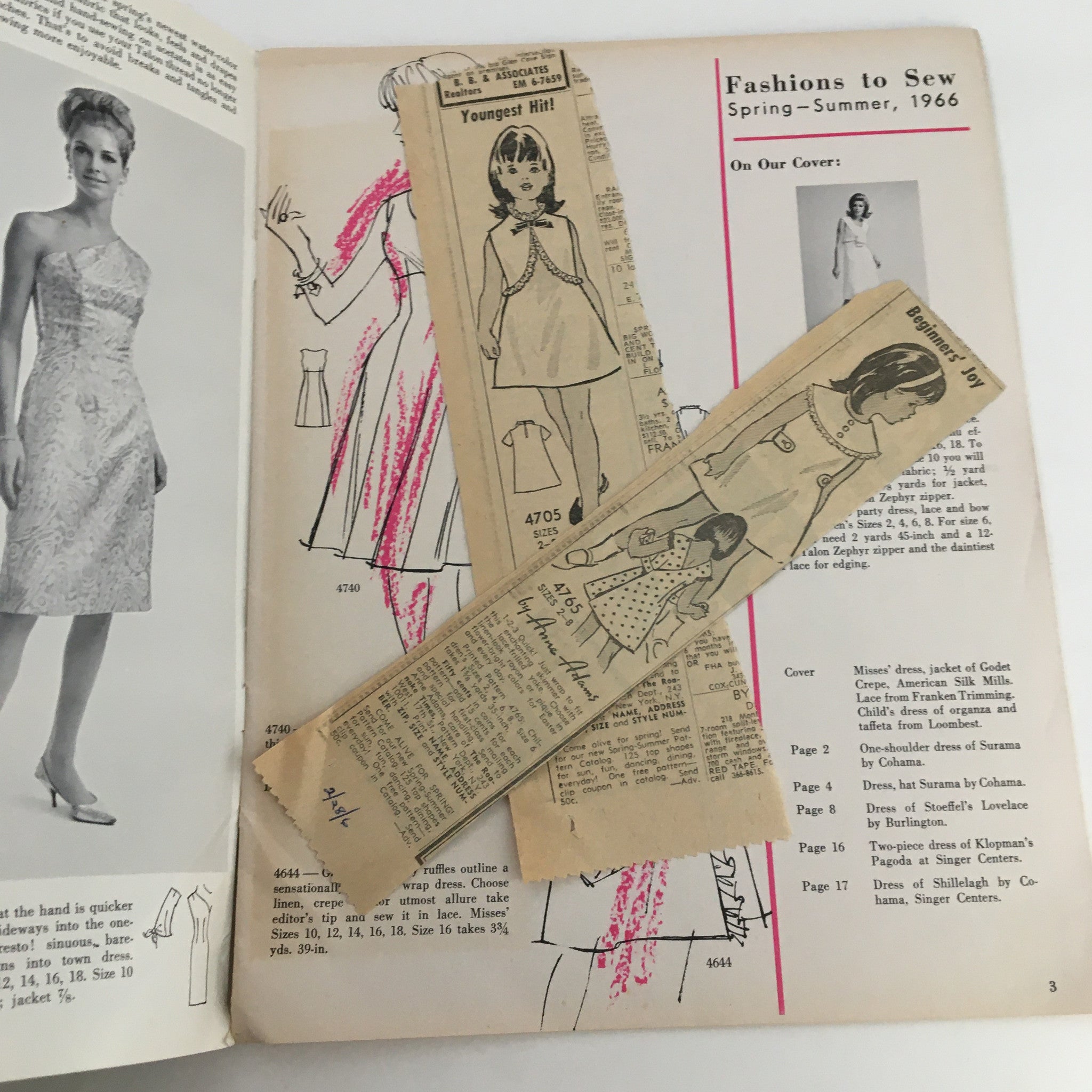 Inside pages of Fashion To Sew Printed Patterns Spring and Summer 1966 magazine, showing vintage sewing patterns, illustrations, and fashion articles.