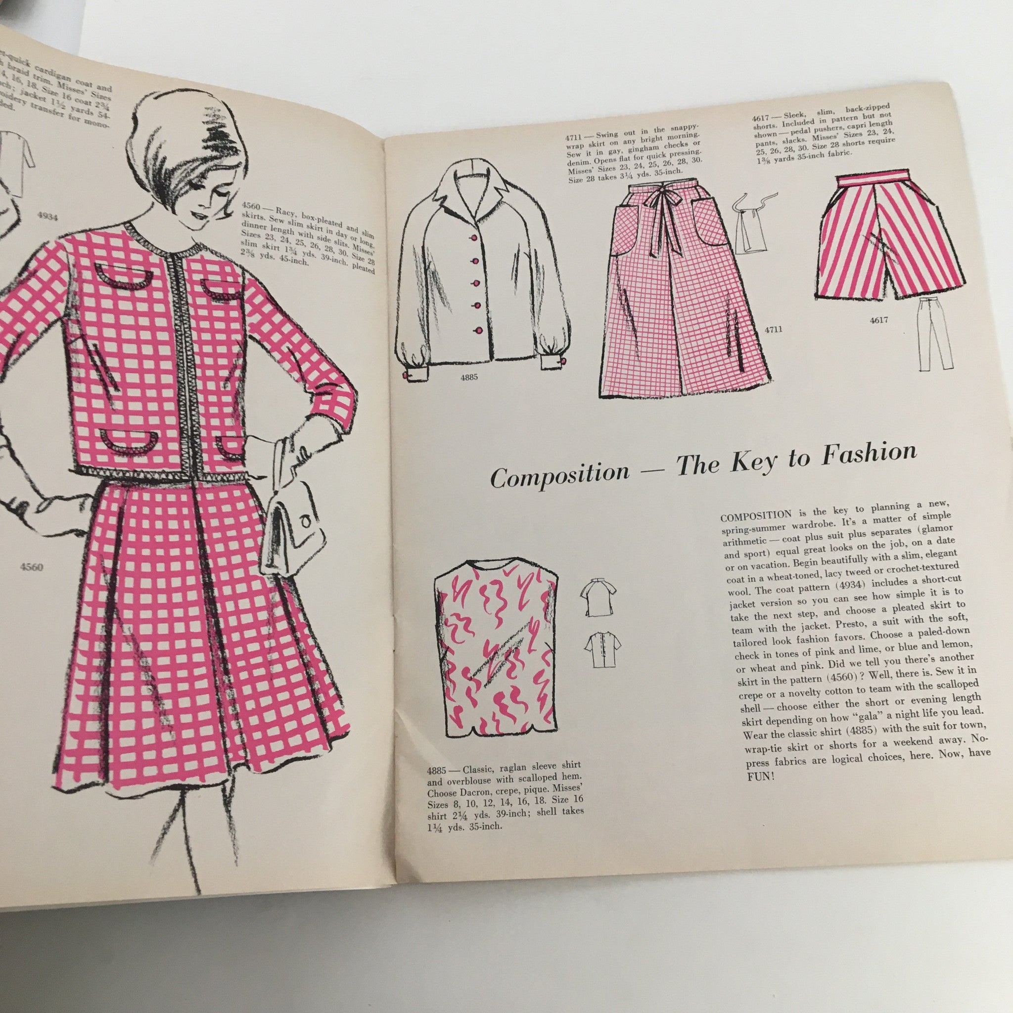 Vintage sewing patterns showcased in the Fashion To Sew Printed Patterns Spring and Summer 1966 magazine, featuring stylish outfits and advice on fashion composition.