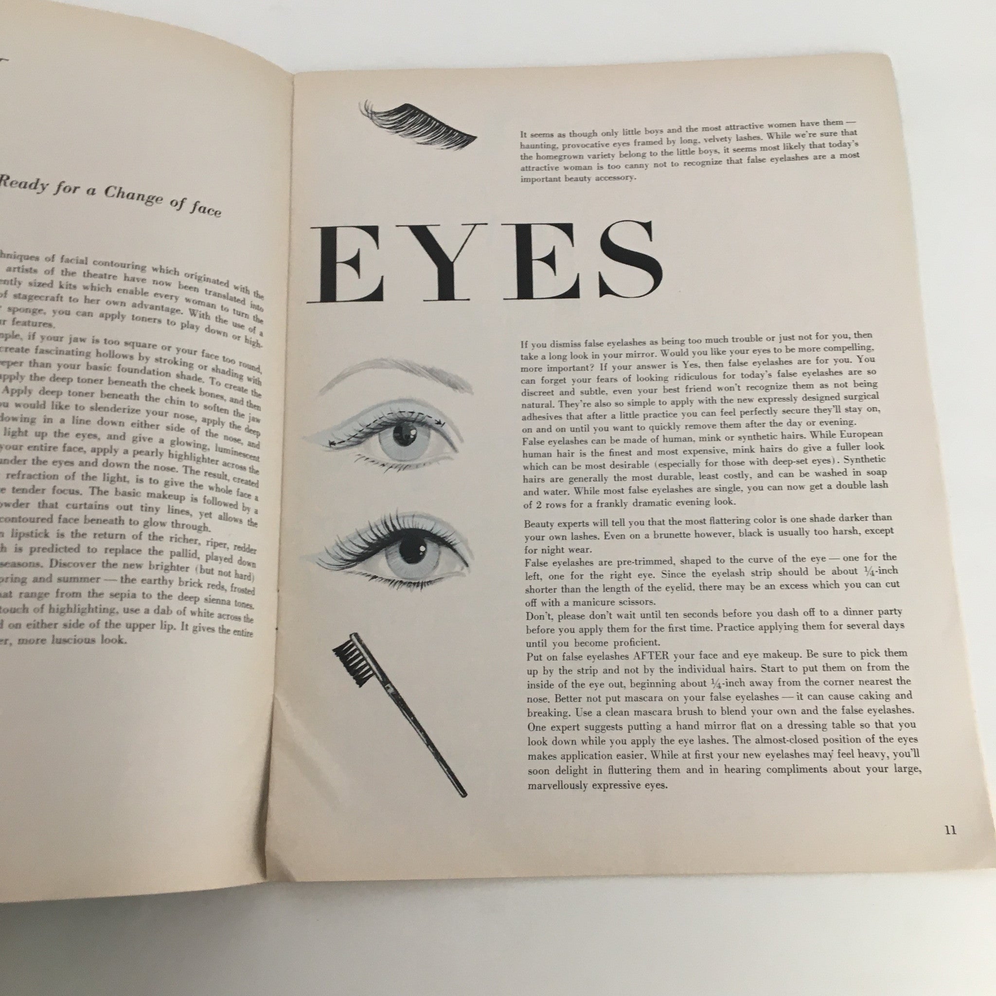 Beauty tips illustrated in the Fashion To Sew Printed Patterns Spring and Summer 1966 magazine, focusing on eye makeup techniques and enhancing natural features.