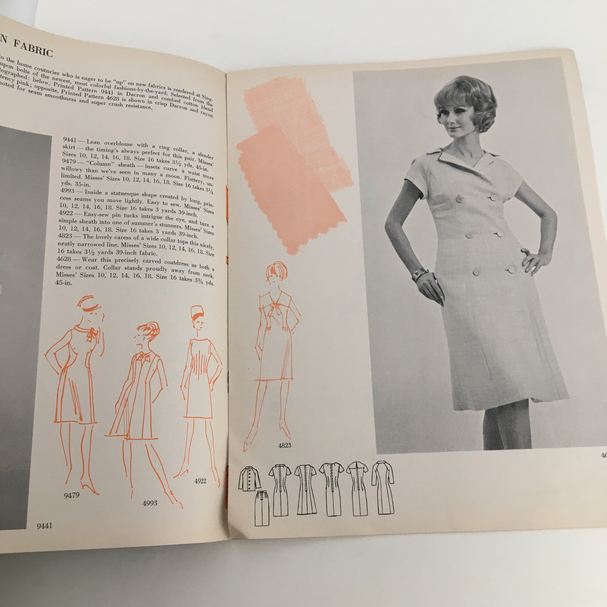 Illustrations of fashion designs in the Fashion To Sew Printed Patterns Spring and Summer 1966 magazine, highlighting dress patterns and fabric swatches.