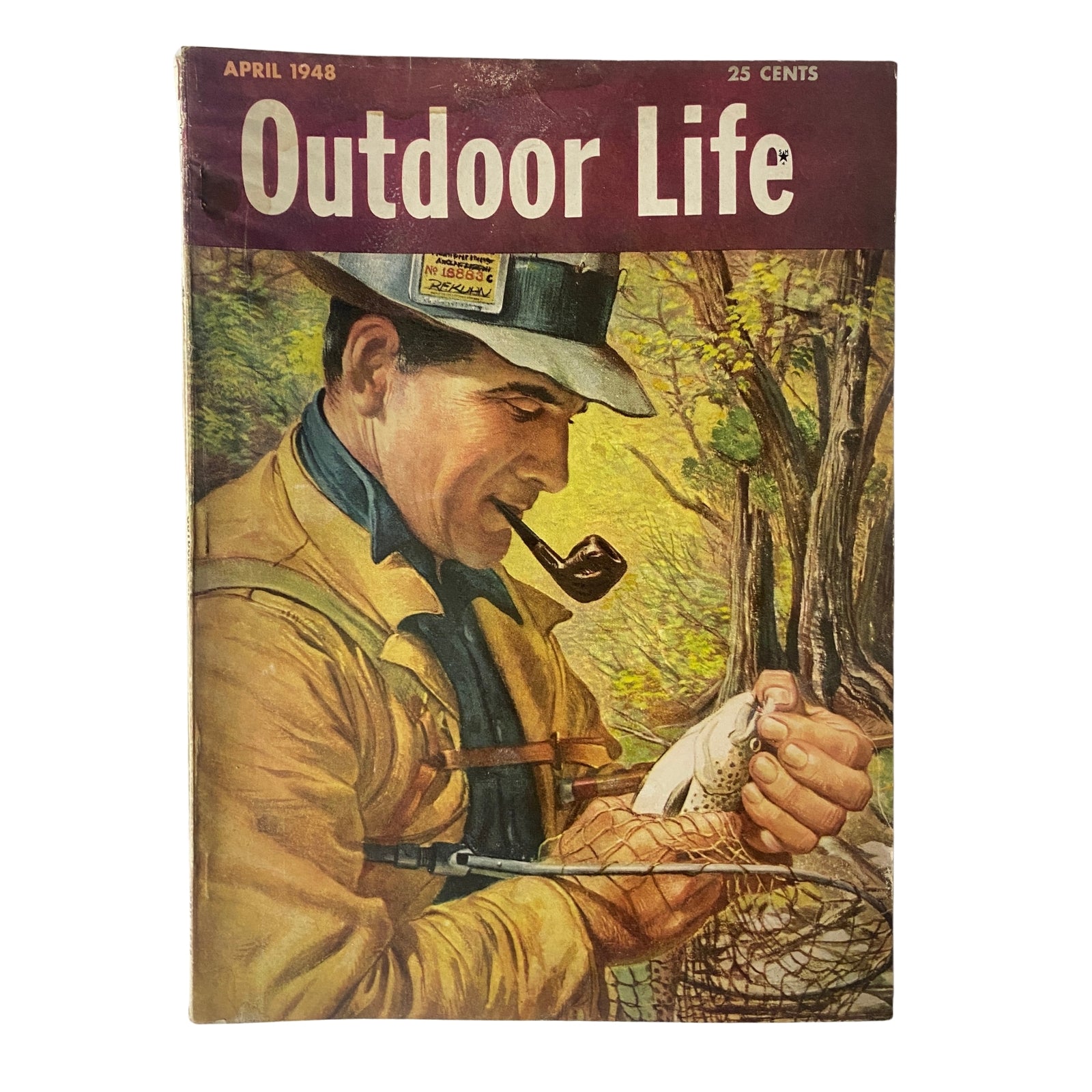 Cover of Outdoor Life Magazine from April 1948 featuring artwork by Bob Kuhn depicting a fisherman holding a catch with a pipe, showcasing mid-20th century outdoor aesthetics.