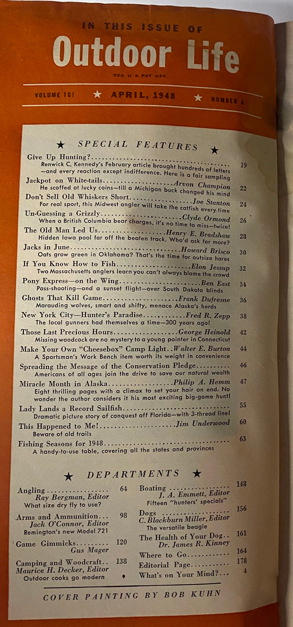 Contents page of Outdoor Life Magazine, April 1948 edition, displaying special features and departments, cover painting by Bob Kuhn.