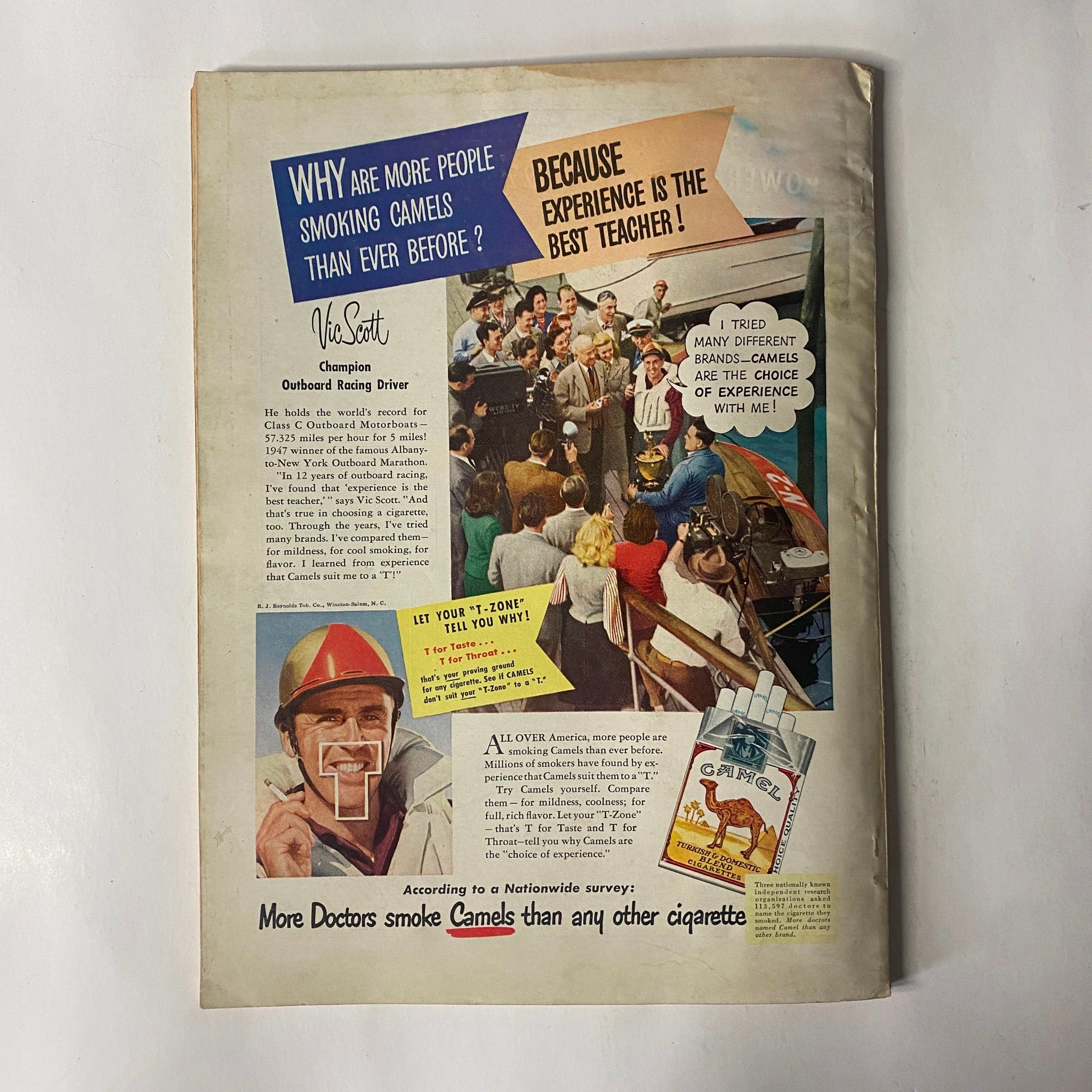 Back cover of Outdoor Life Magazine, April 1948 edition, featuring a Camel cigarettes advertisement promoting their brand with a narrative on smoking preferences.