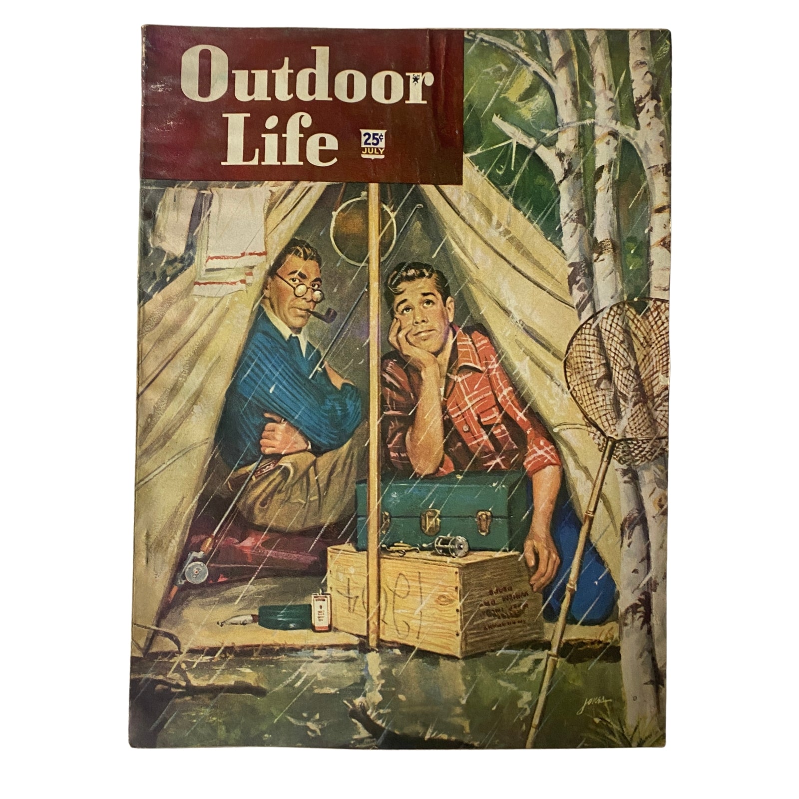 Cover of Outdoor Life Magazine from July 1948 featuring a painting by John Jones, depicting two men inside a tent, capturing the essence of outdoor adventures and mid-century American sporting culture.