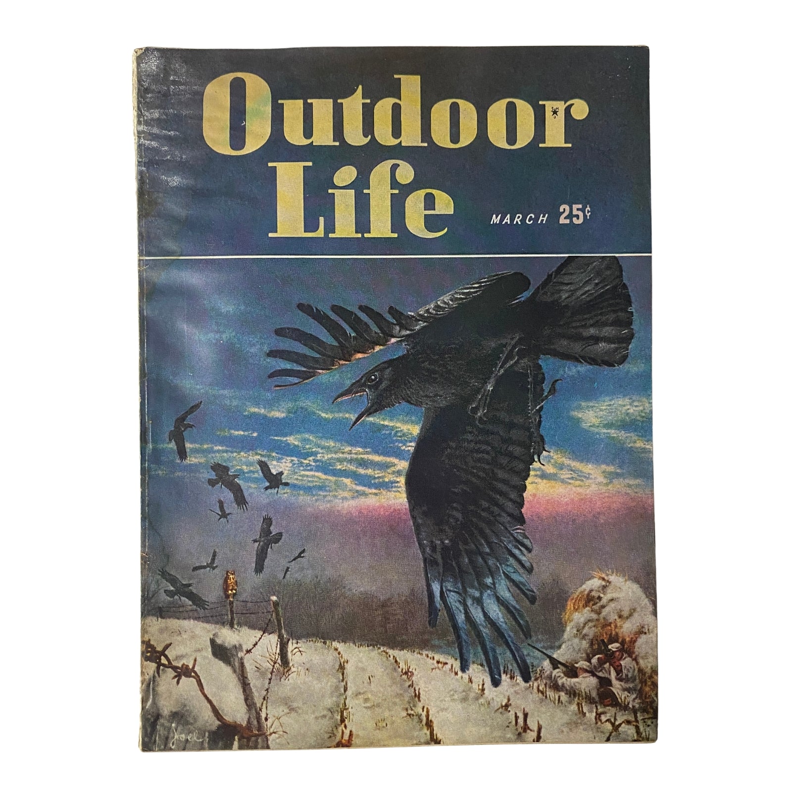 Cover of Outdoor Life Magazine, March 1948 featuring a captivating painting by Joel showcasing a dramatic scene with a raven, capturing the essence of outdoor adventures and wildlife storytelling from the mid-20th century.