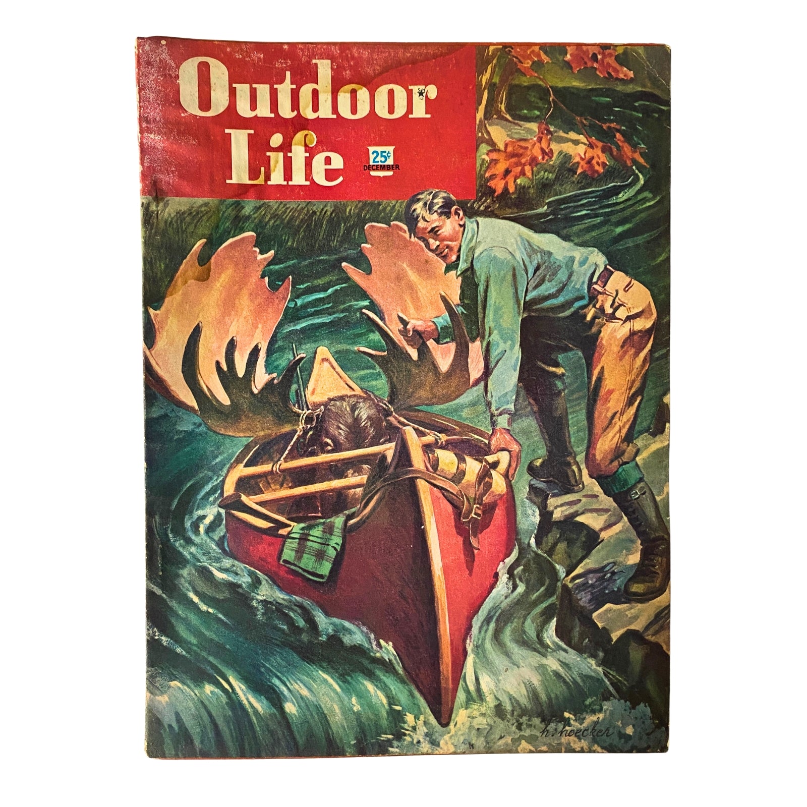 Cover of Outdoor Life Magazine December 1948 featuring a vibrant painting by H. Hoecker, depicting a man with a canoe and moose, highlighting the adventurous spirit of outdoor life.