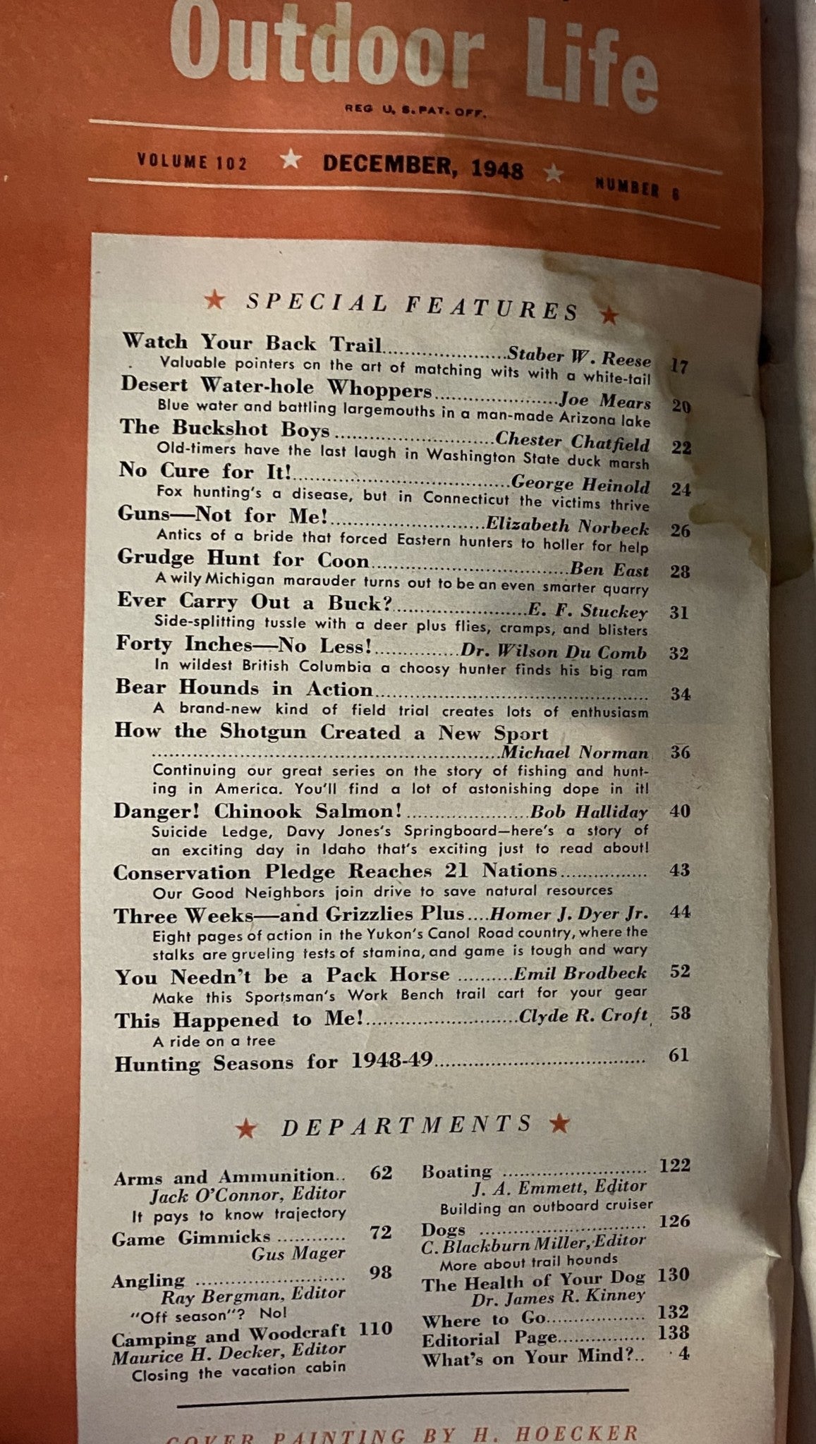 Table of contents for Outdoor Life Magazine December 1948, outlining articles and features like 'Watch Your Back Trail' and 'Desert Water-hole Whoppers', reflecting the magazine's focus on hunting and fishing.