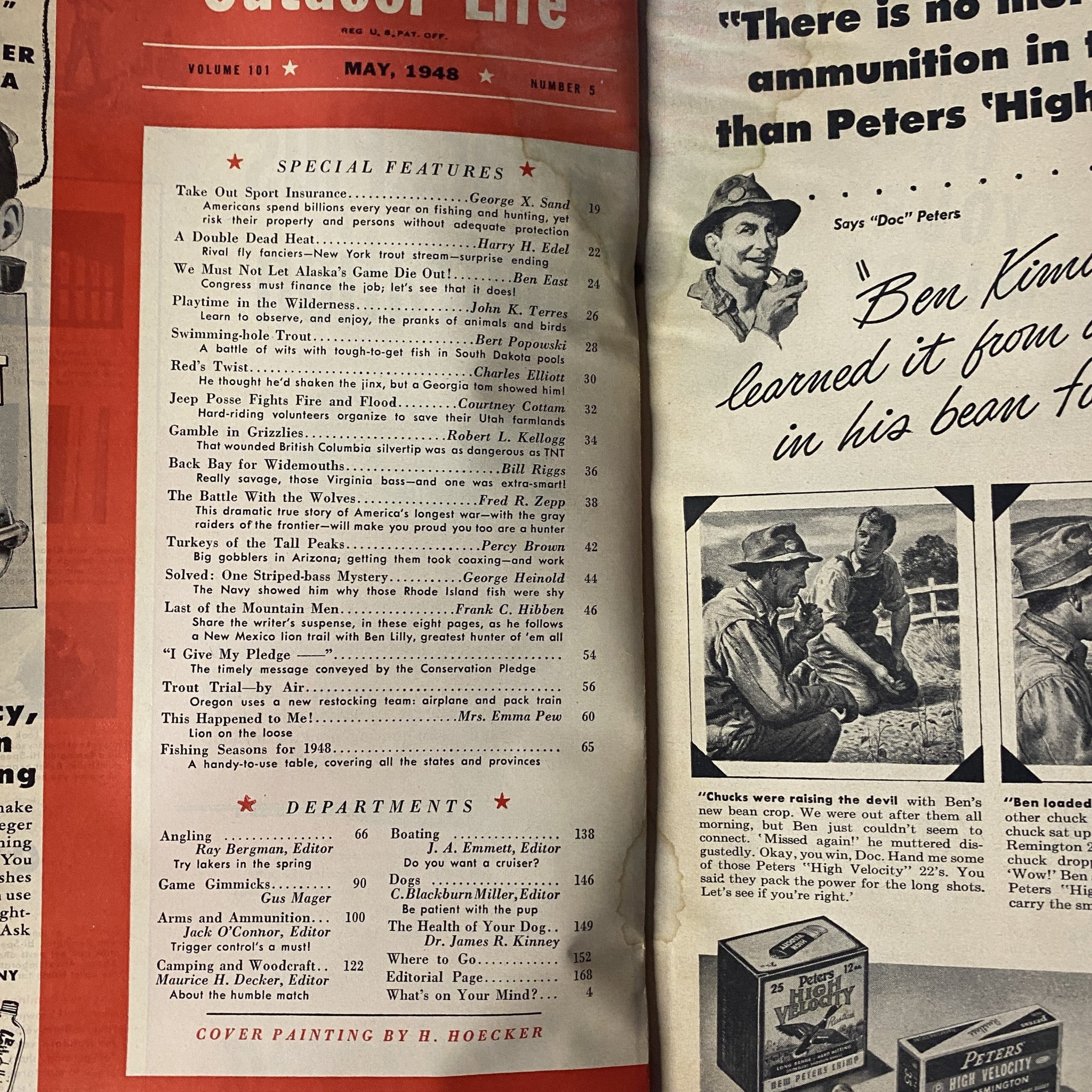 Table of contents from Outdoor Life Magazine May 1948 featuring articles on fishing and hunting, illustrated with a cover painting by H. Hoecker.