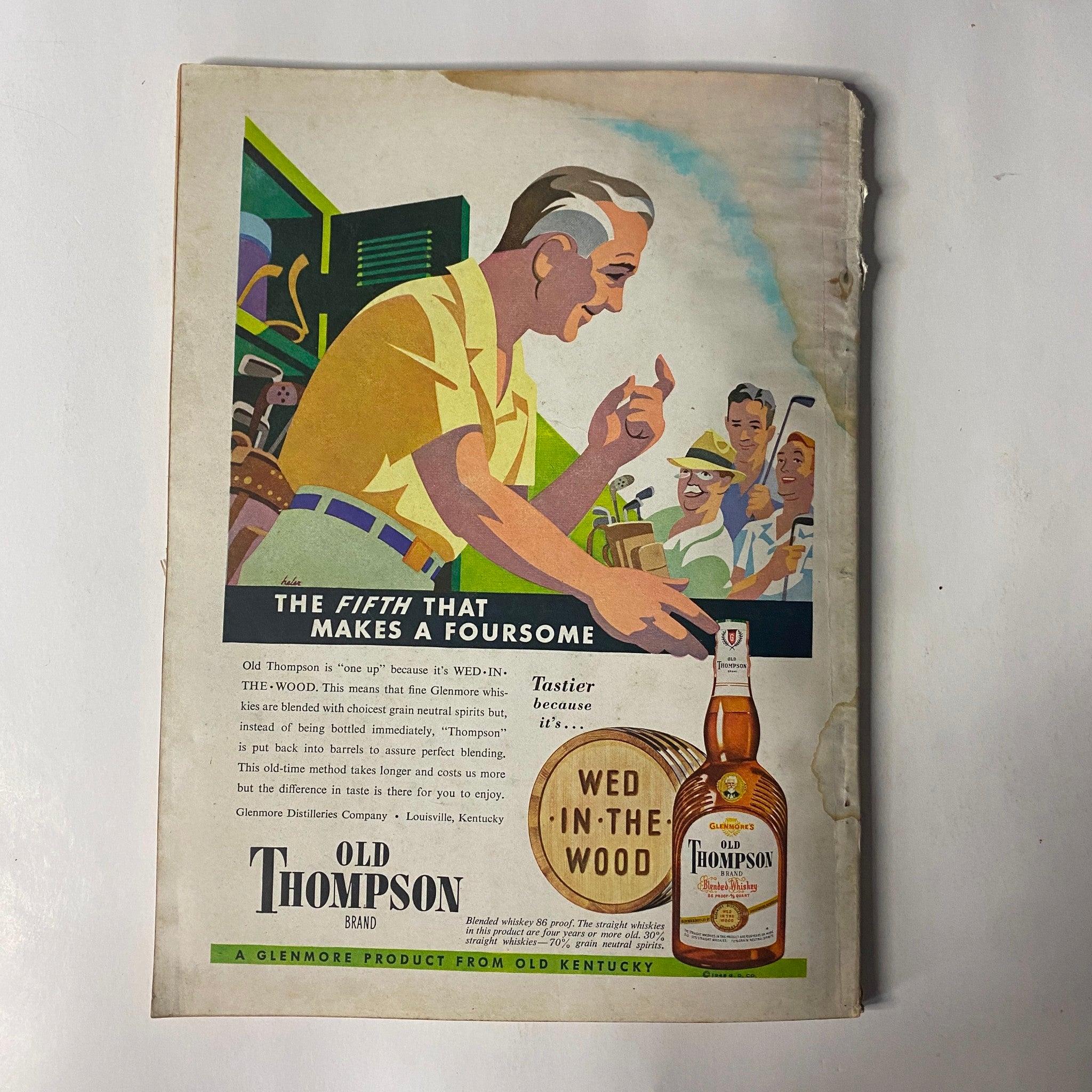 Vintage advertisement from Outdoor Life Magazine May 1948 promoting Old Thompson brand whiskey, showcasing colorful illustrations of golfers and social gatherings.