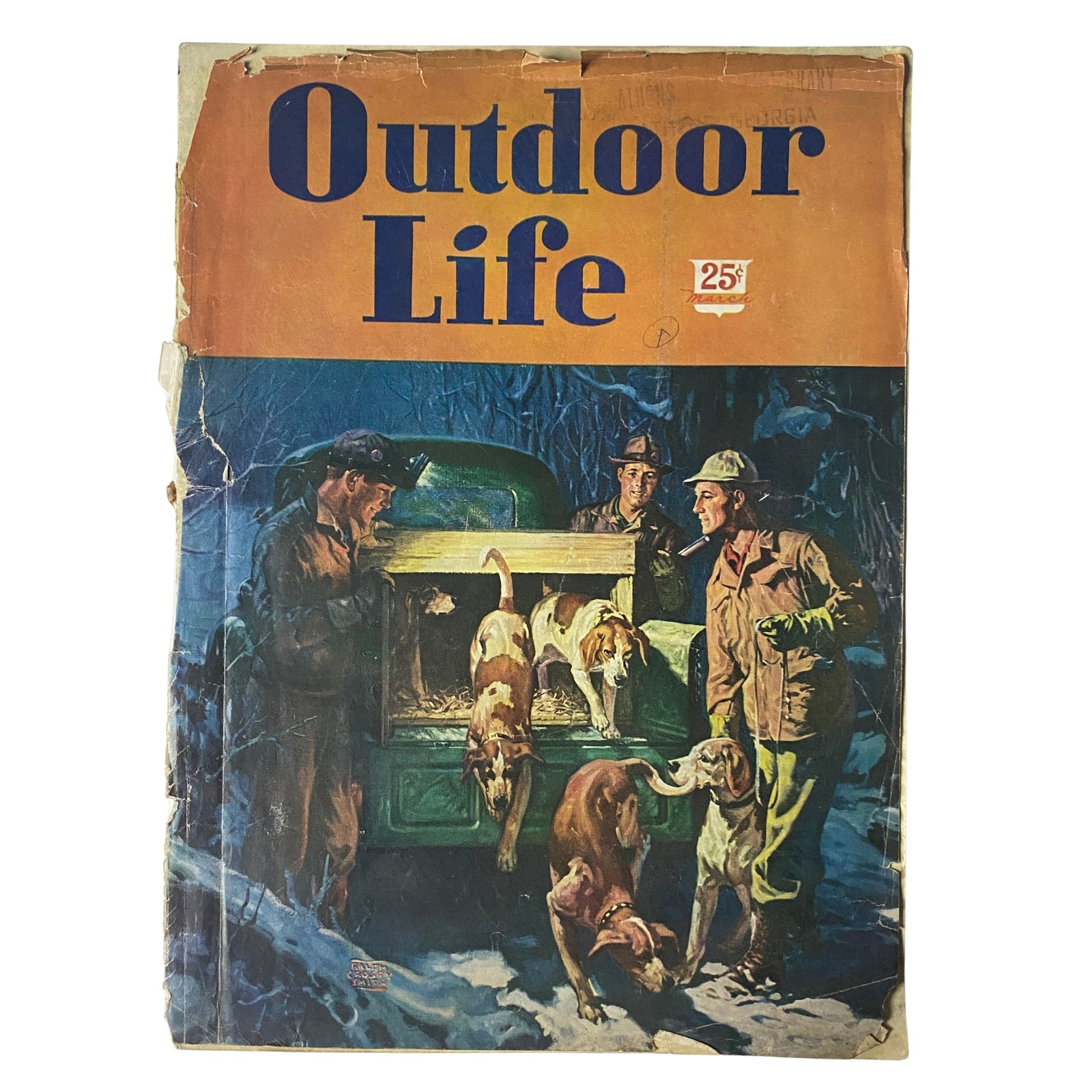 Cover of Outdoor Life Magazine, March 1947, featuring a colorful illustration by Ralph Crosby Smith depicting hunters and dogs, showcasing the theme of outdoor activities.