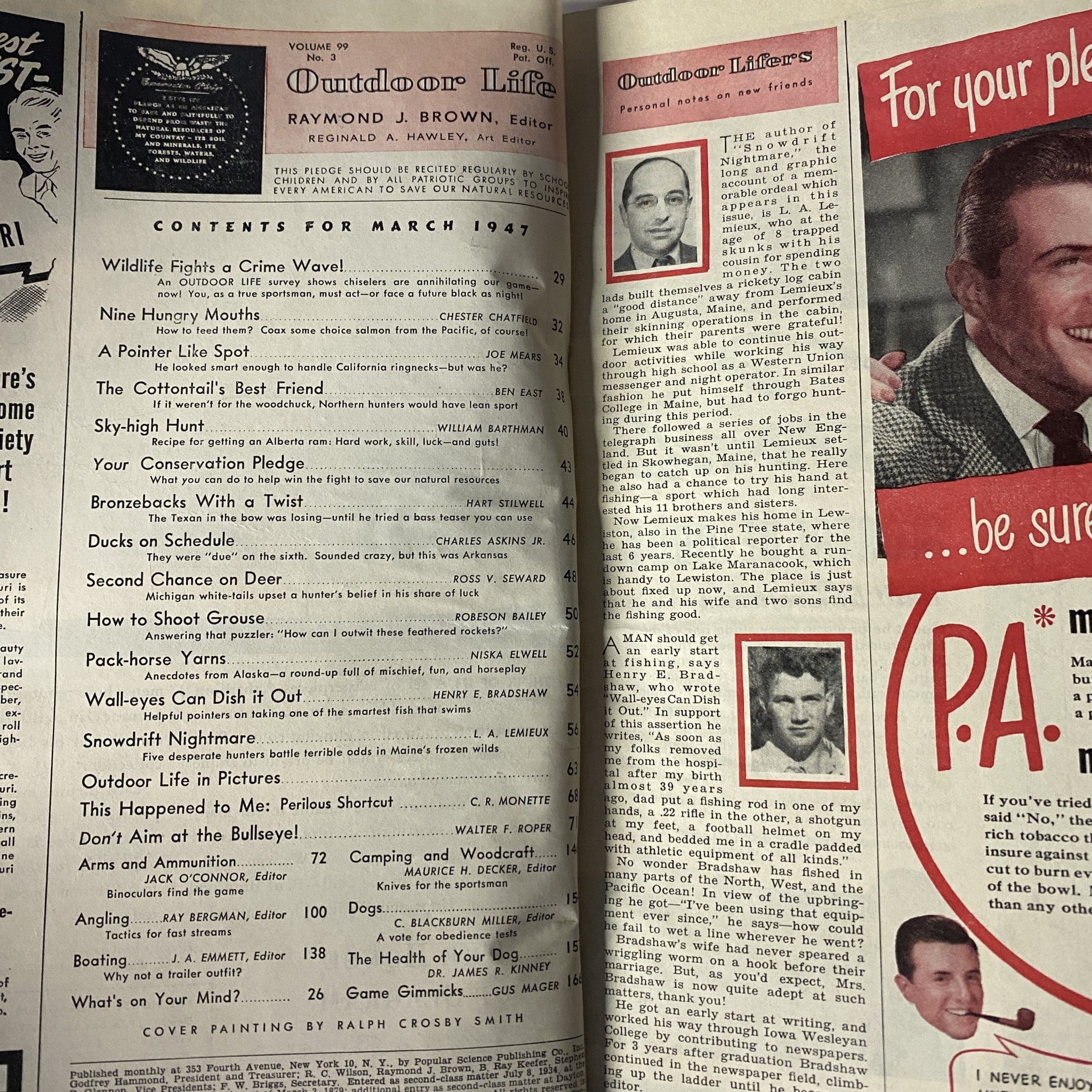 Interior page of Outdoor Life Magazine March 1947 showcasing the contents section, with articles listed and a classic mid-century design.