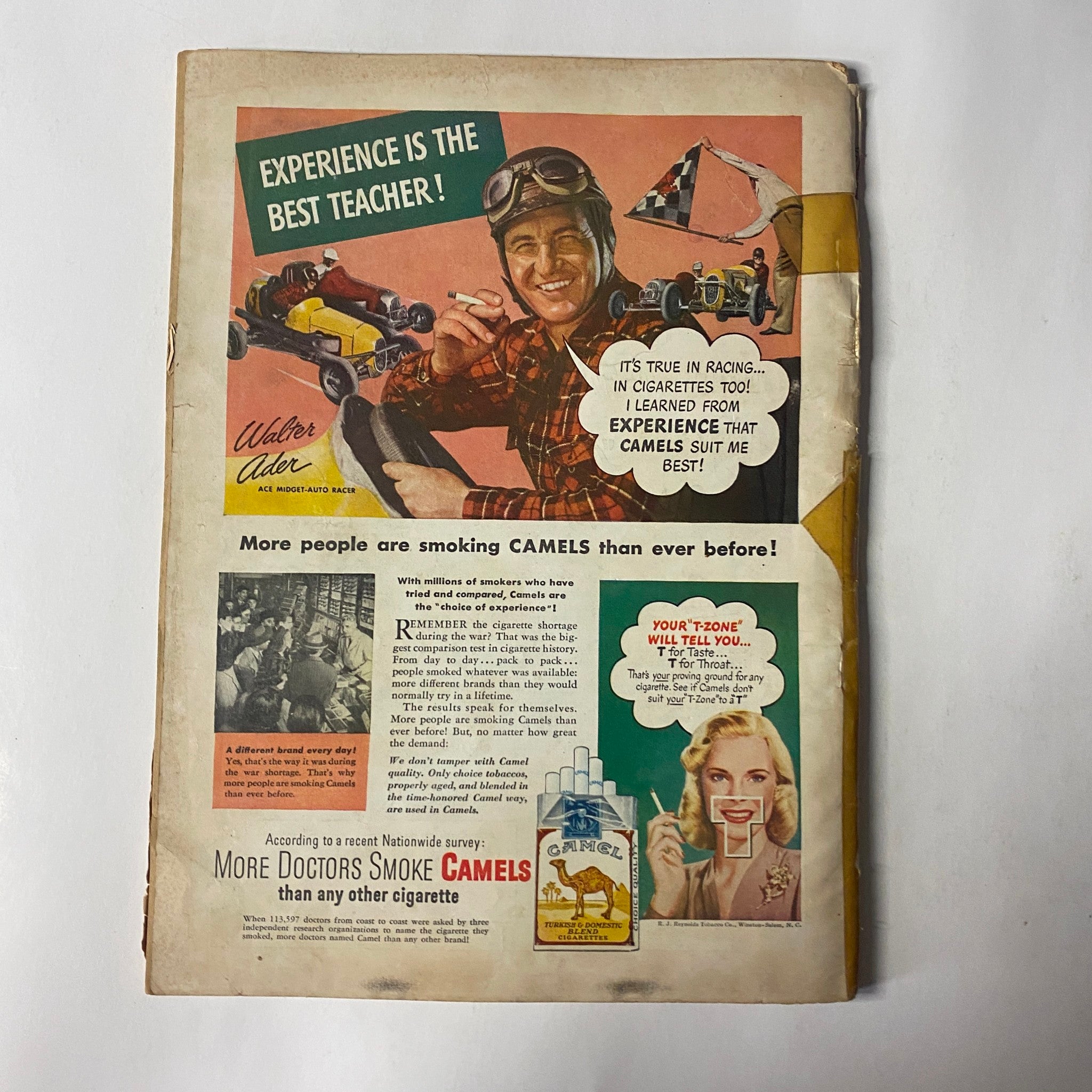 Back cover of Outdoor Life Magazine, September 1947 featuring an advertisement for Camel cigarettes with a vintage design.