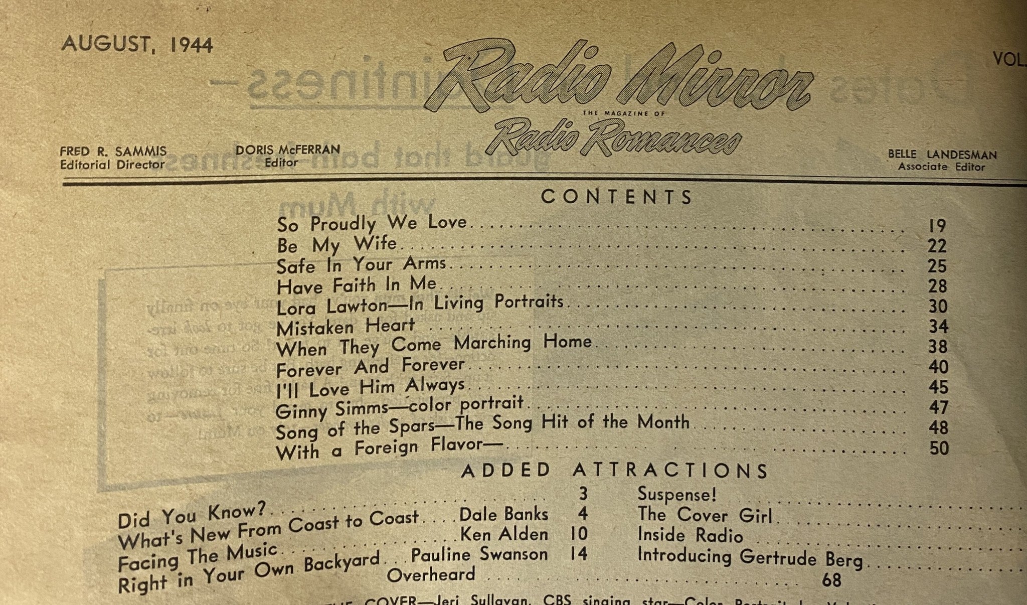 Interior page from Radio Mirror Magazine August 1944 featuring the table of contents, highlighting articles like 'So Proudly We Love' and 'Ginny Simms - color portrait'.