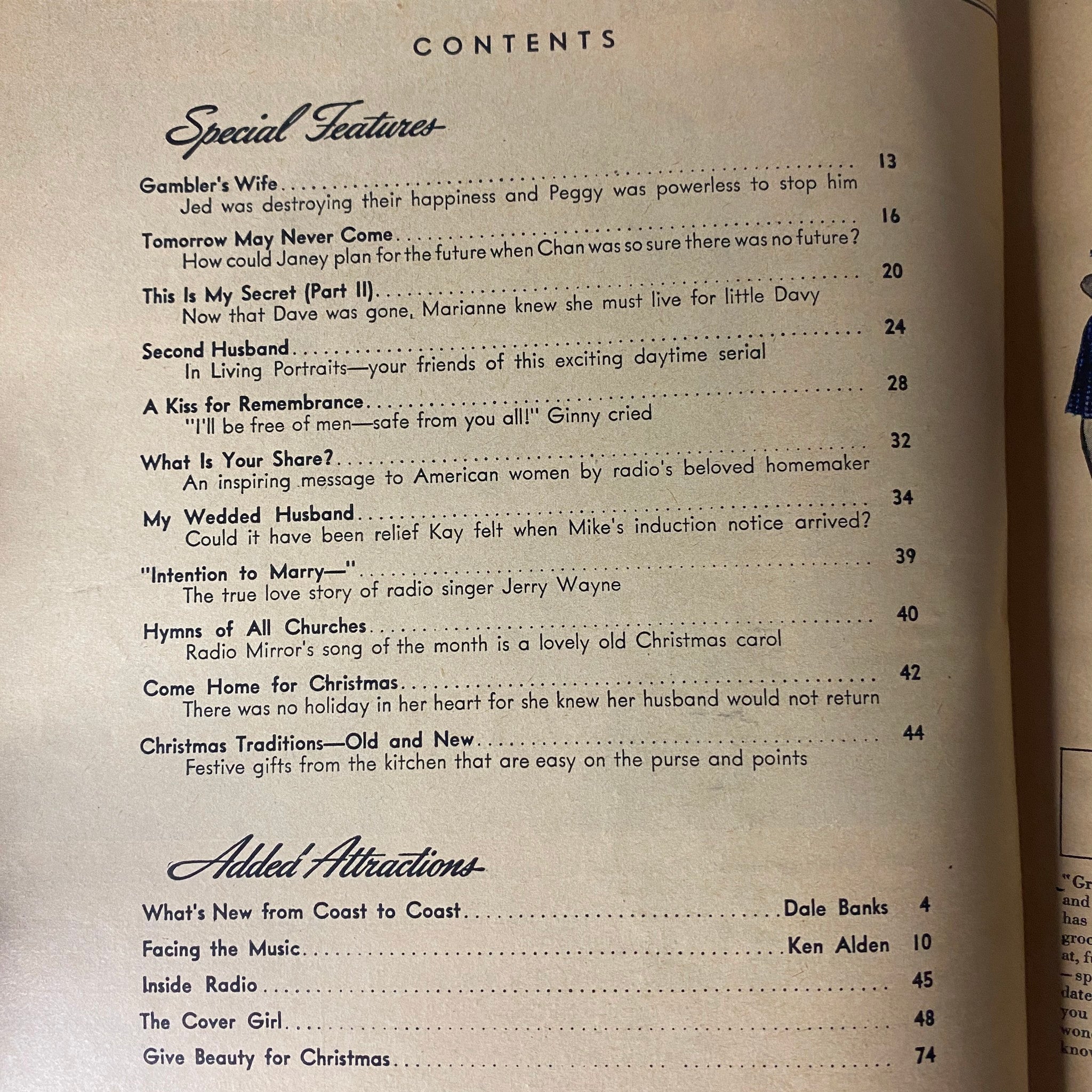 Table of Contents from Radio Mirror Magazine January 1944, outlining special features and articles including Gambler's Wife and Tomorrow May Never Come.