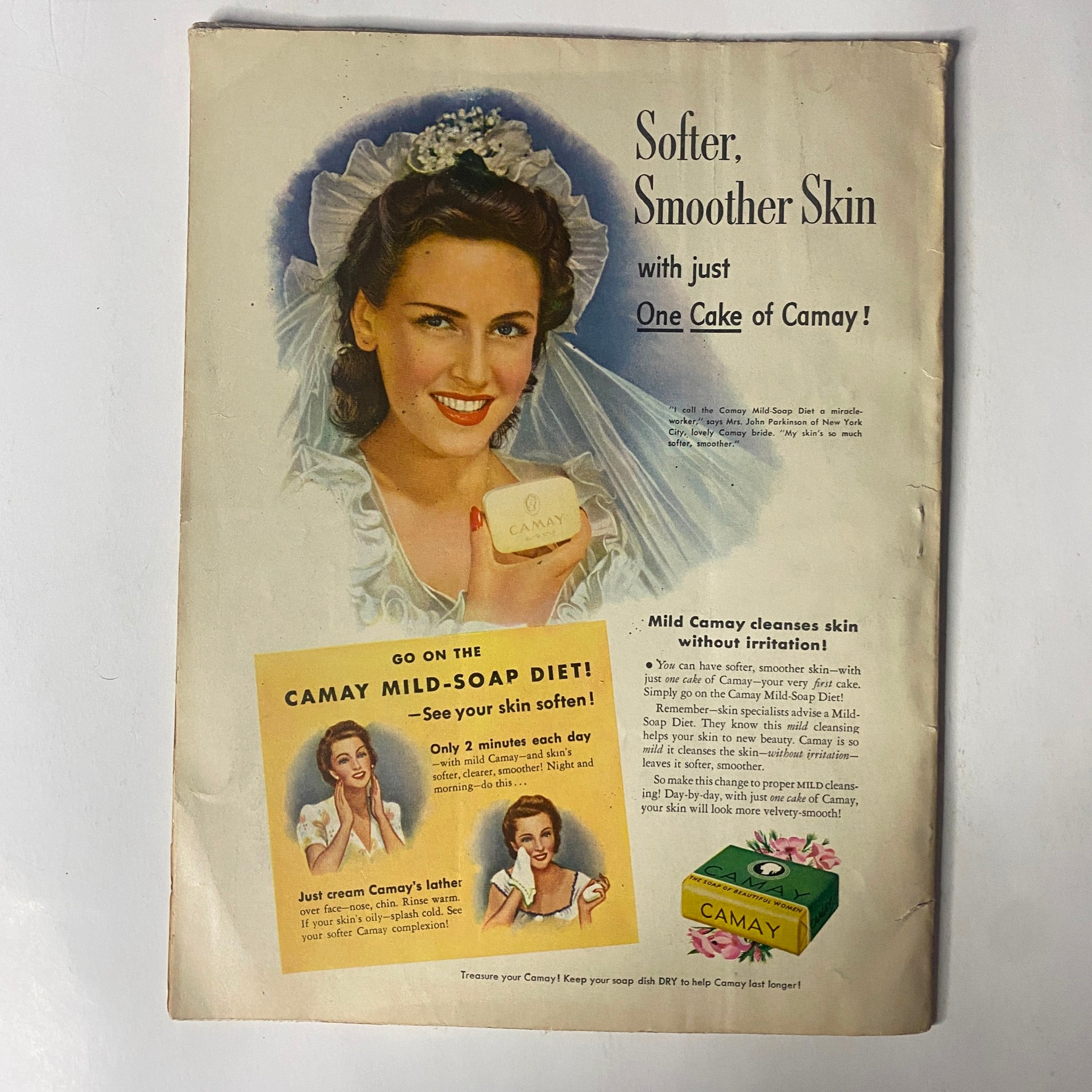 Camay soap advertisement from Radio Mirror Magazine January 1944, promoting softer skin with a vintage beauty product and a smiling model.