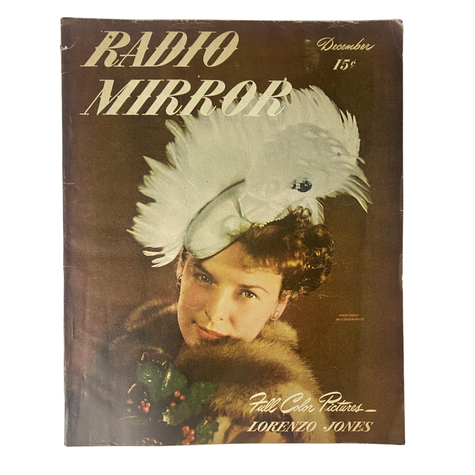 December 1946 cover of Radio Mirror Magazine featuring Mercedes McCambridge, showcasing a festive design with a feathered hat and holiday-themed elements, highlighting the magazine's focus on celebrity features and radio stories.