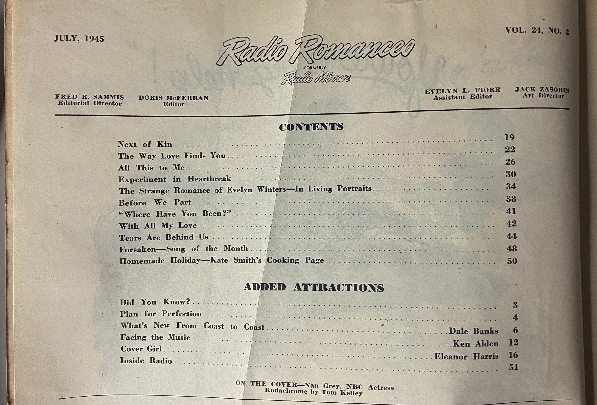 Table of Contents for Radio Romances Magazine July 1945 detailing featured stories and articles including 'Next of Kin' and 'The Way Love Finds You'.