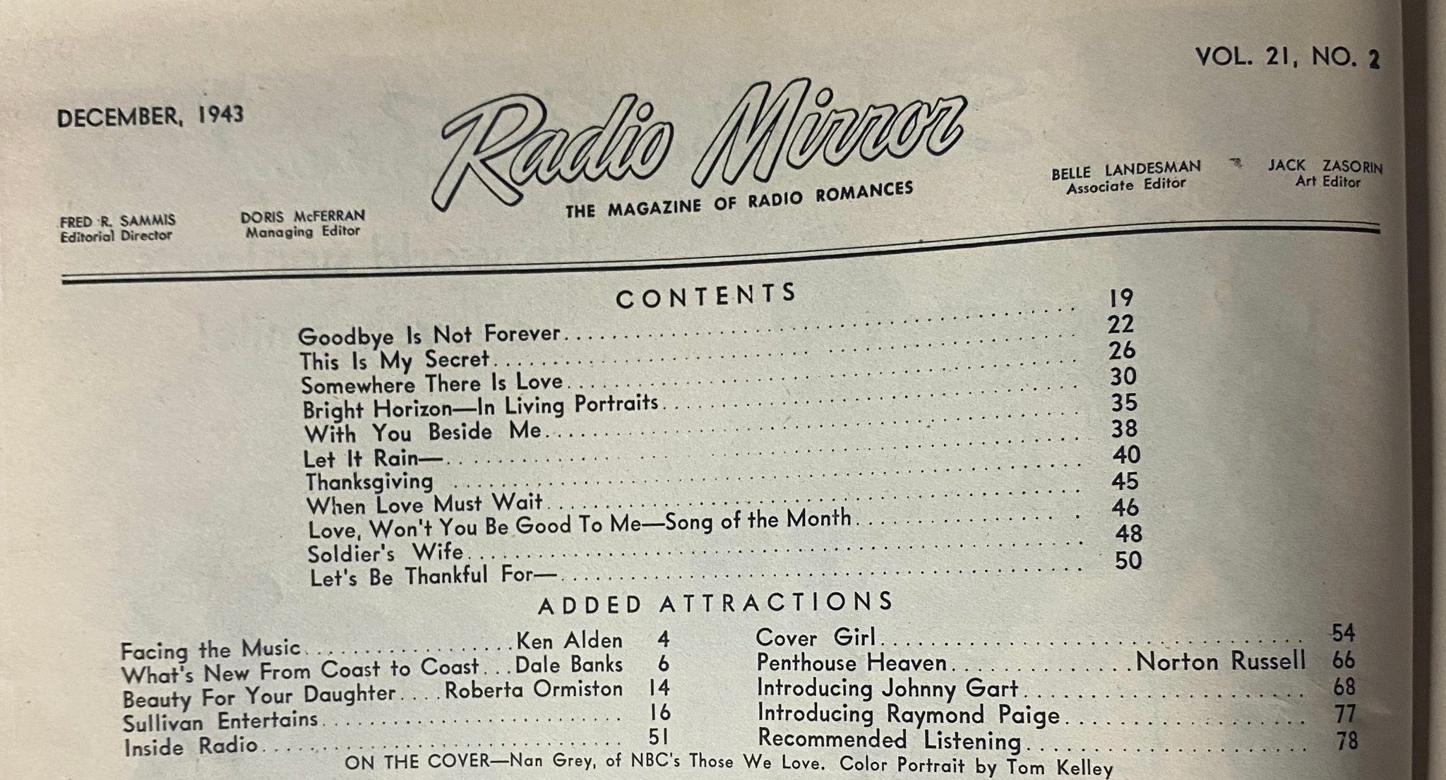 Contents page of Radio Mirror Magazine December 1943 featuring articles like Goodbye Is Not Forever and Soldier's Wife, with a color portrait of Nan Grey on cover by Tom Kelley.