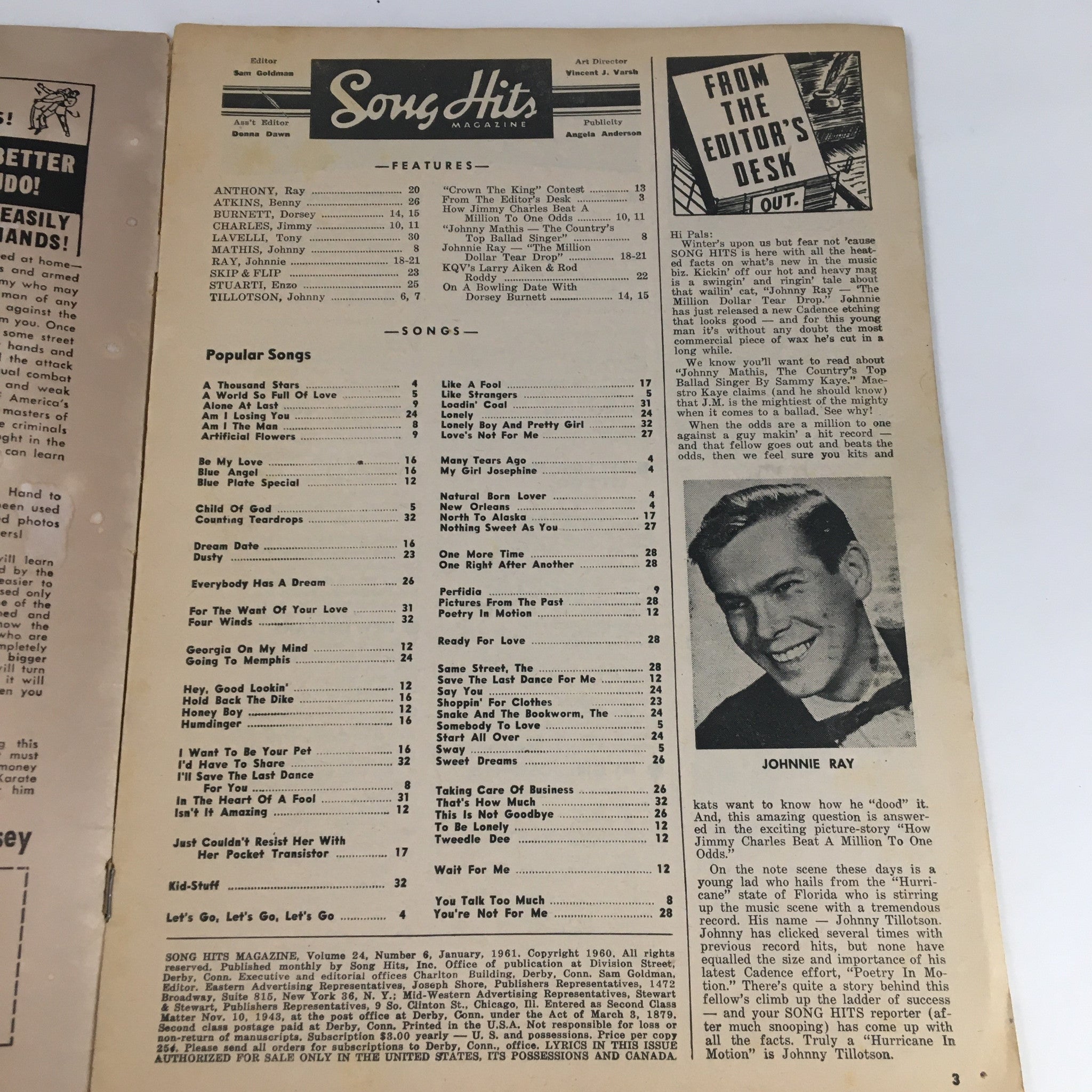 Song Hits Magazine January 1961 Jimmy Charles, Johnny Tillotson & Johnnie Ray