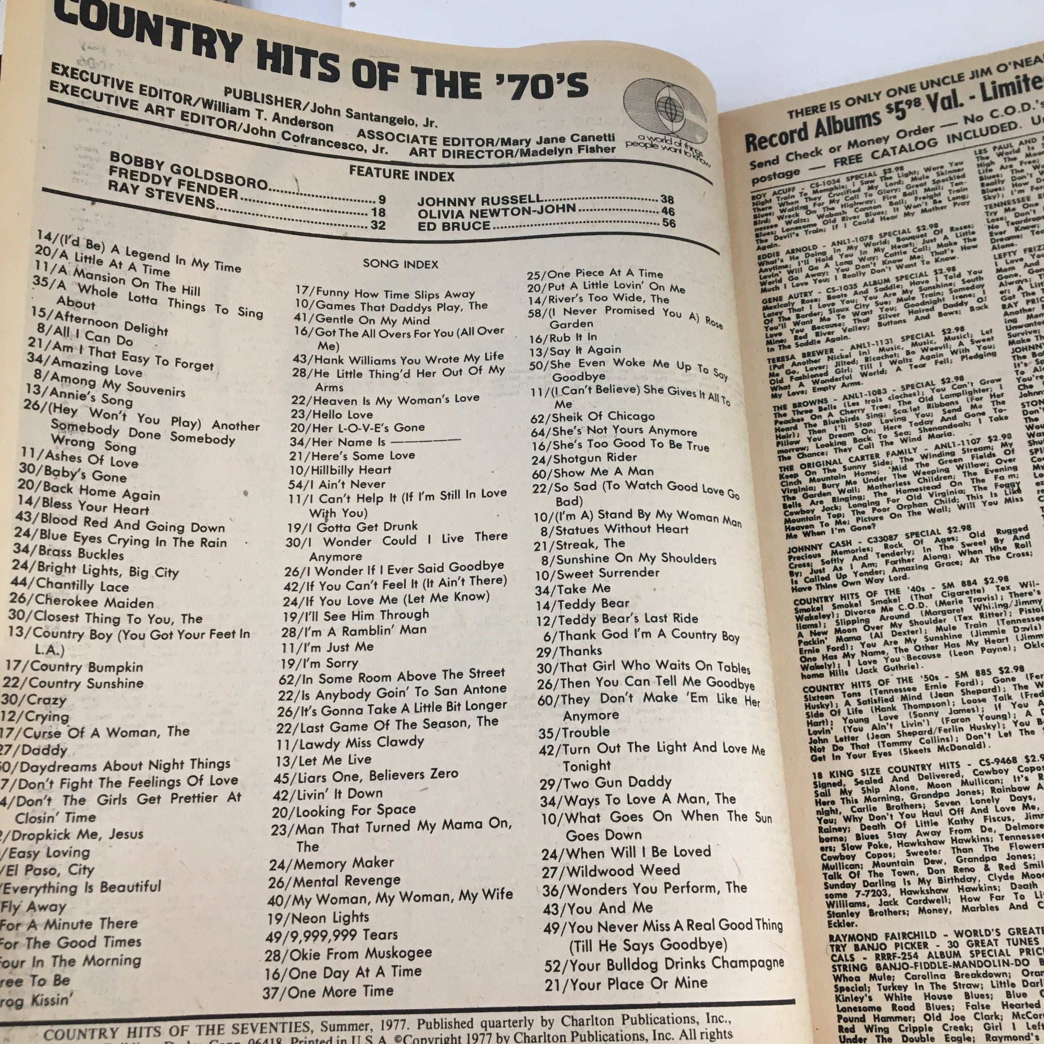 Interior page of 'Country Hits of the Seventies Summer 1977' listing songs and artists, including Bobby Goldsboro and Johnny Russell. Emphasizes country music from the 1970s.
