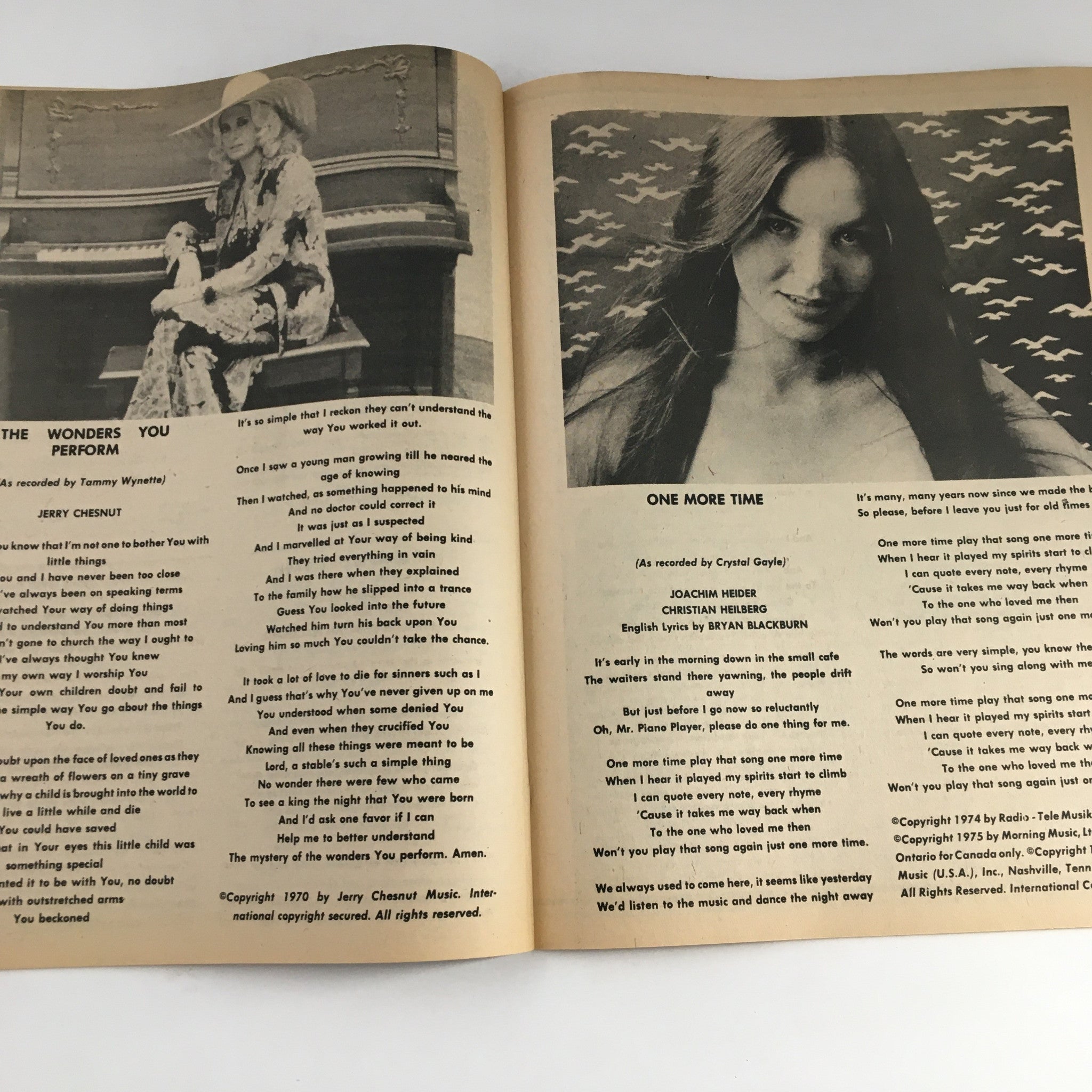 Inside pages of 'Country Hits of the Seventies Summer 1977 Olivia Newton-John Cover No Label' featuring lyrics and artist information, showcasing vintage country music culture.