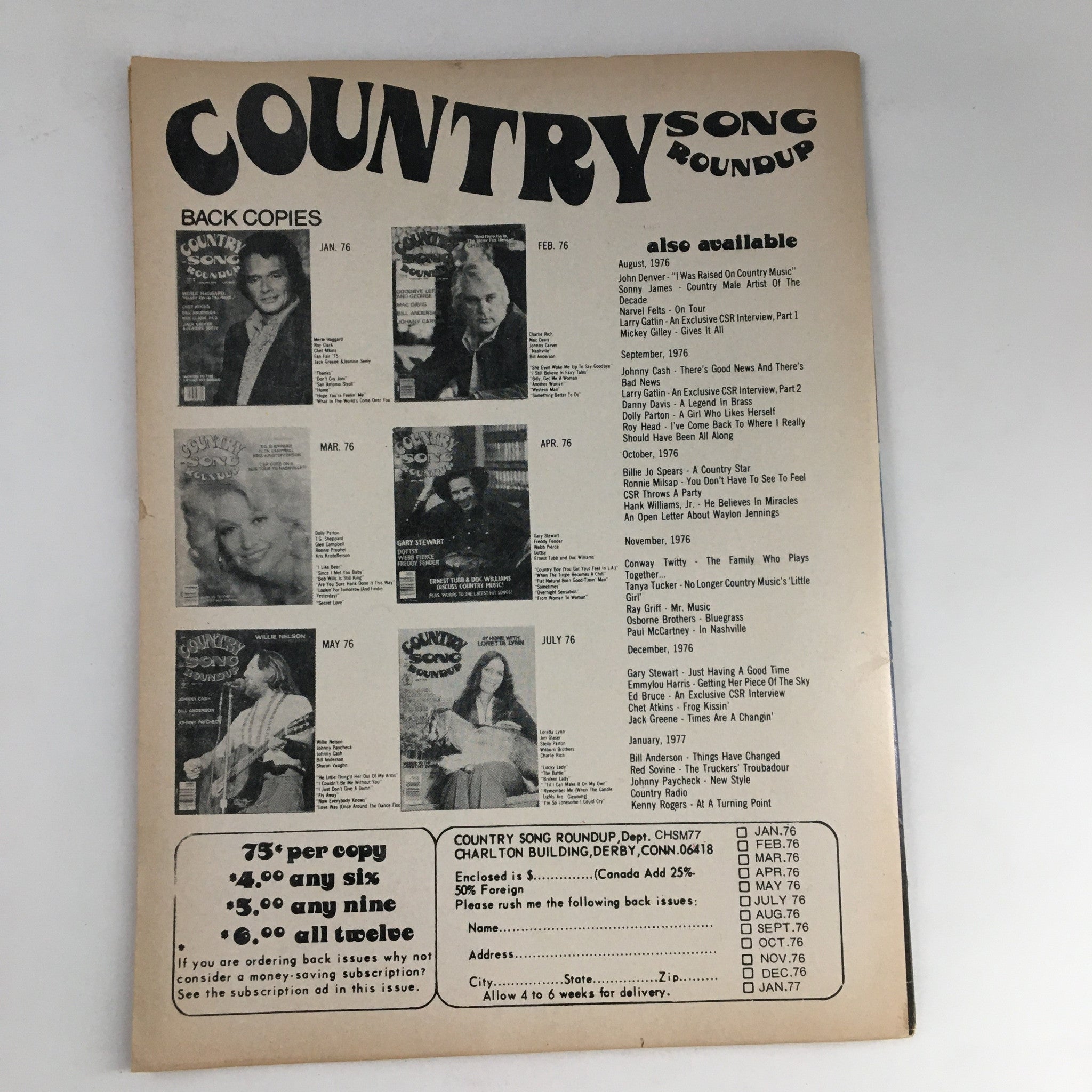 Back cover of 'Country Hits of the Seventies Summer 1977 Olivia Newton-John Cover No Label' displaying availability of back issues and notable country music artists from the 1970s.
